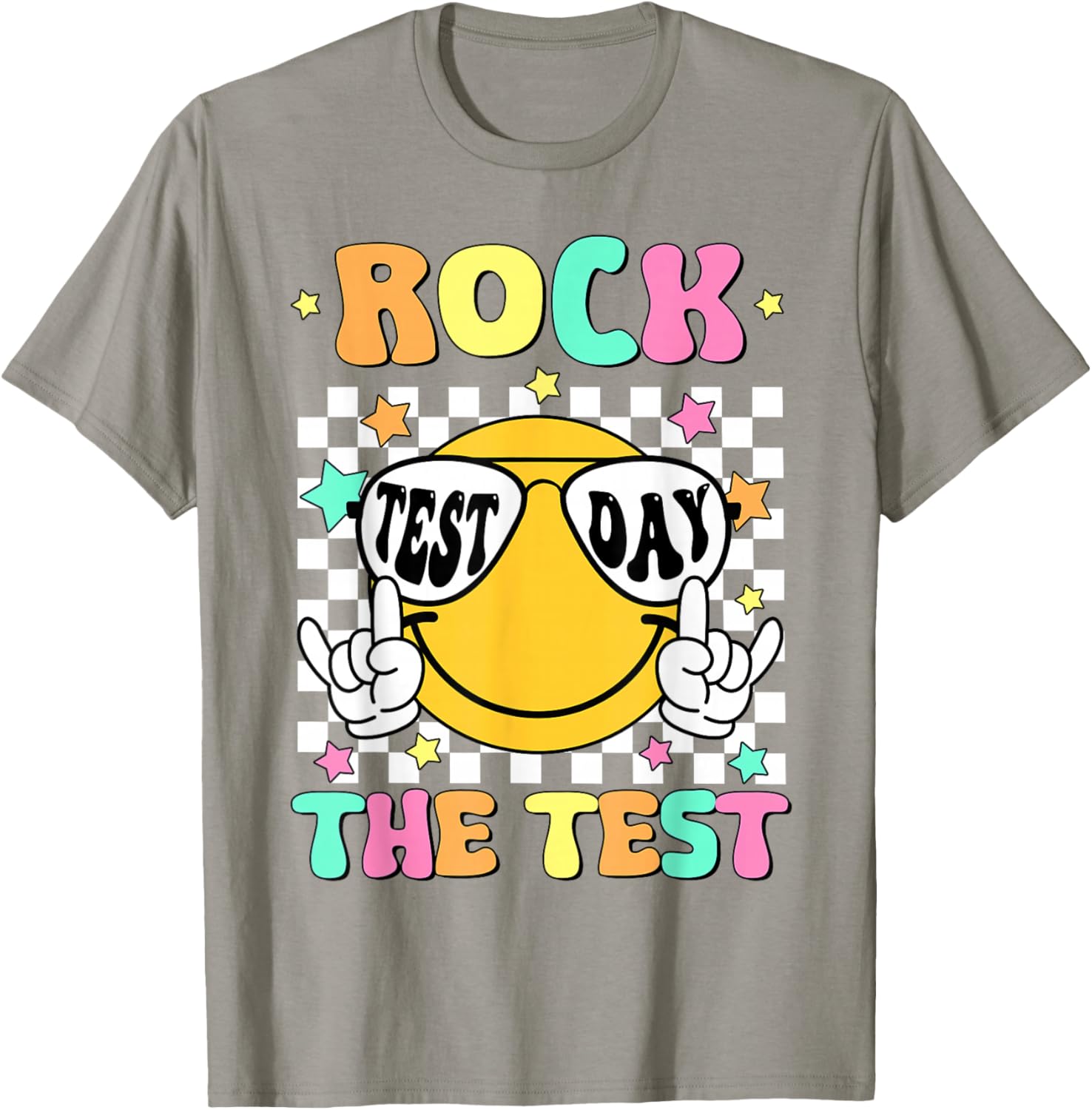 Rock the Test Teacher T-Shirt with Smile Face for Test Day Fun - 12