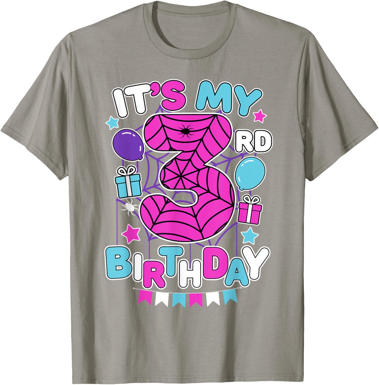 Cute 3rd Birthday Spider Web Theme T-Shirt for Girls Age Three - 18