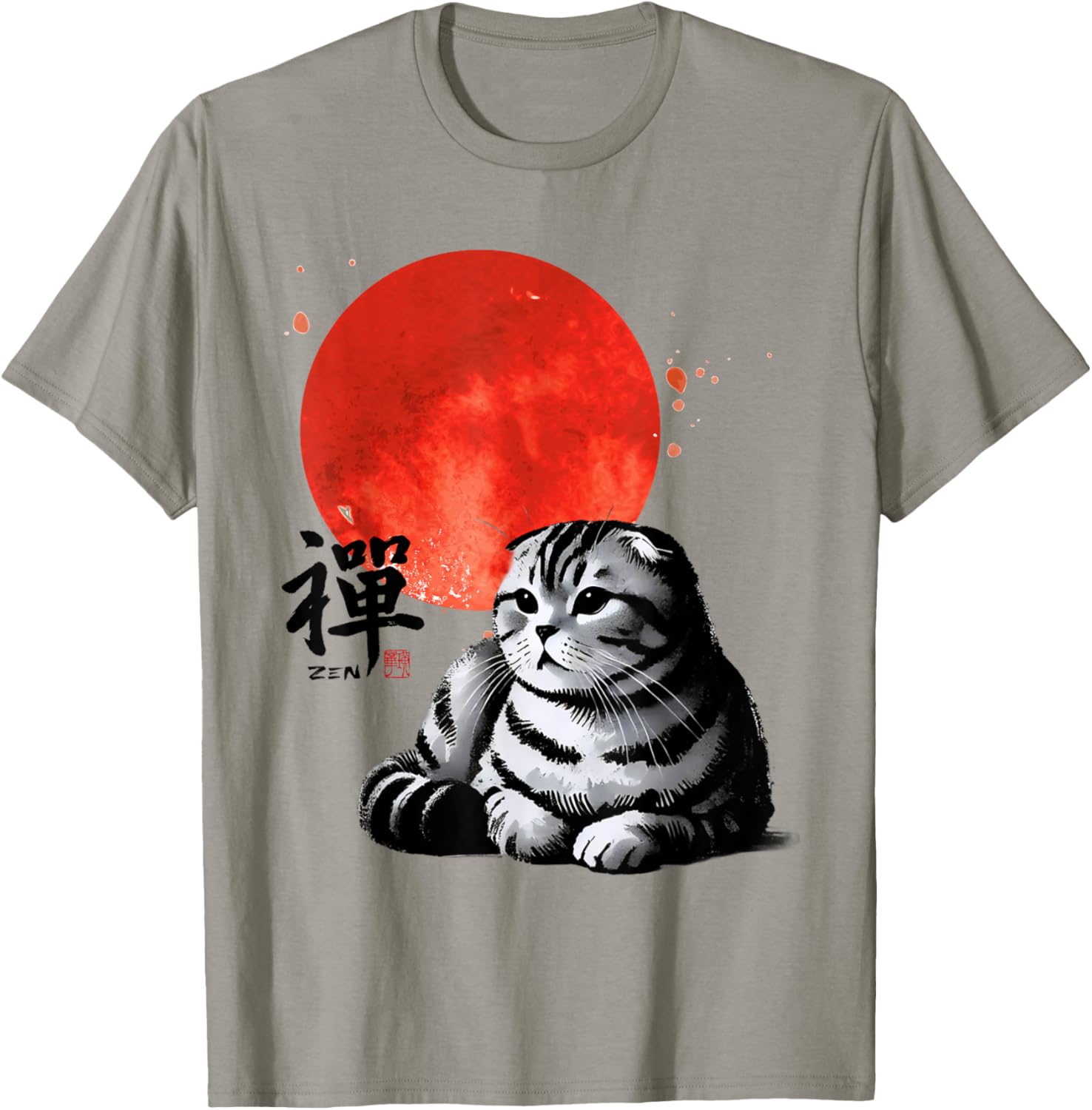 Scottish Fold Cat Sumi-e Art T-Shirt with Japanese Red Sun Design - 3