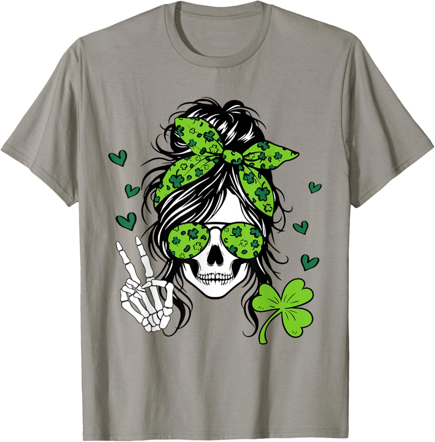 Lucky Irish Skull Girl T-Shirt for St. Patrick's Day with Messy Bun Design - 29