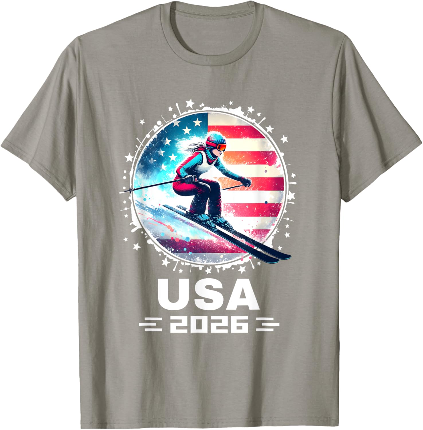 Skier USA Team 2026 Women's American Flag Skiing T-Shirt - 10