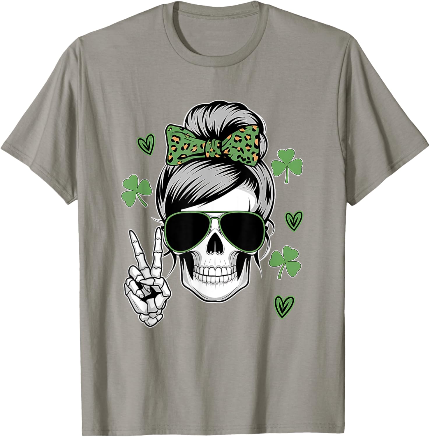 St Patricks Day Skull Messy Bun T-Shirt for Women - Fun and Stylish Wear - 25