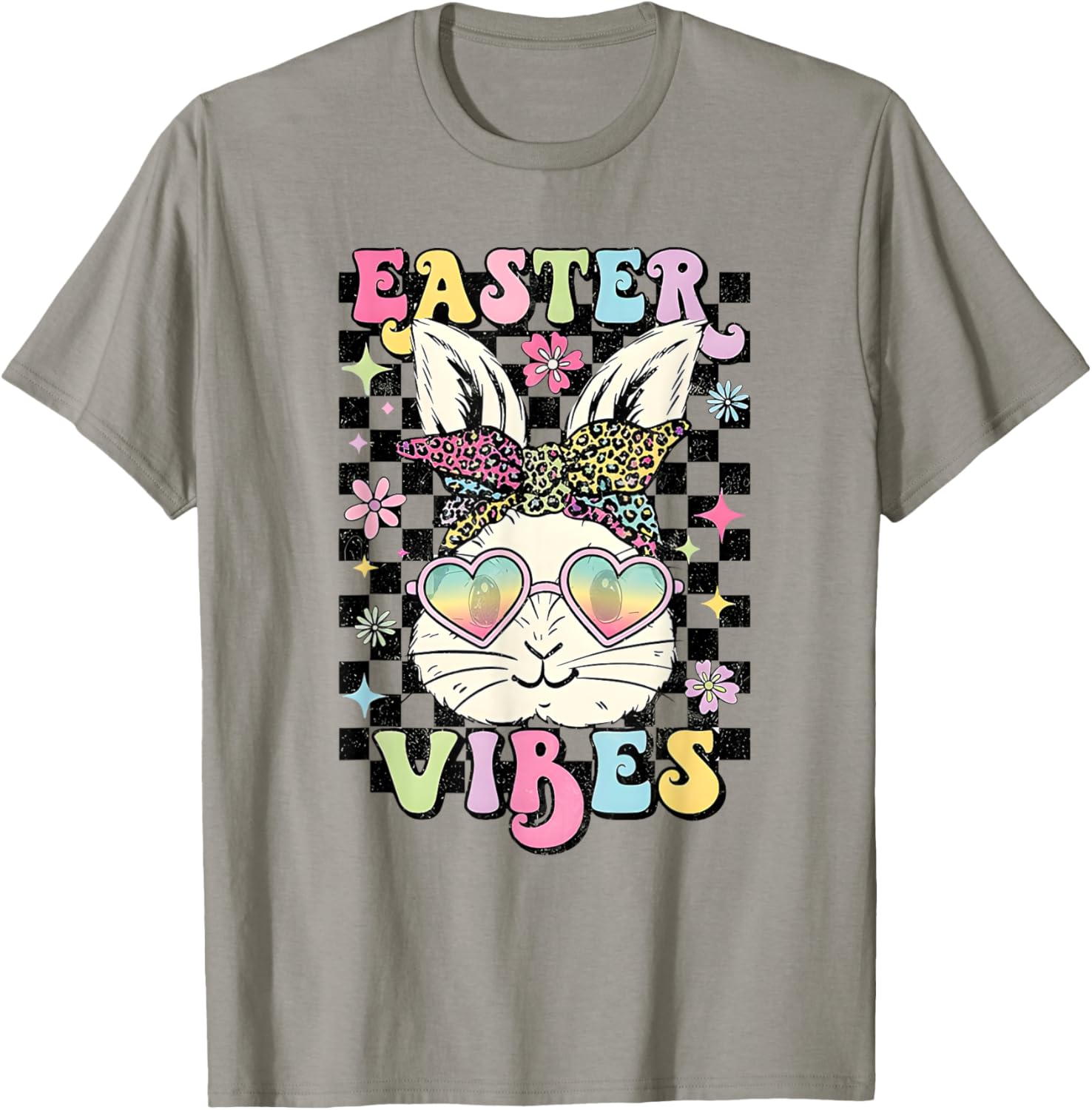 Retro Groovy Easter Vibes Bunny Checkered T-Shirt for Women and Girls - 1