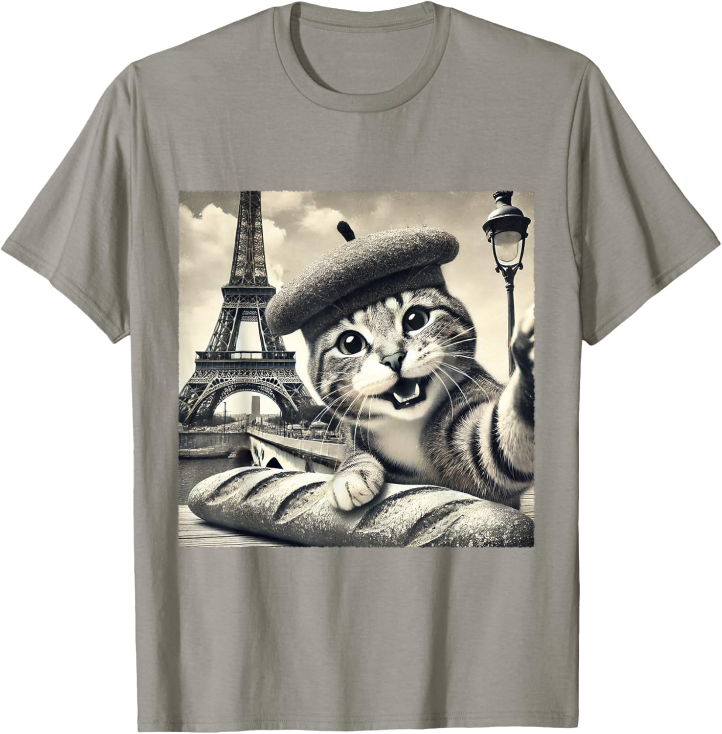 Funny Paris Cat in Beret with Baguette Eiffel Tower T-Shirt for Cat Lovers - 15