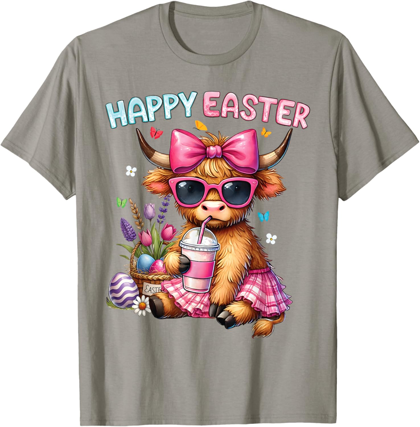 Happy Easter Highland Cow Bunny T-Shirt for Women and Kids - 14