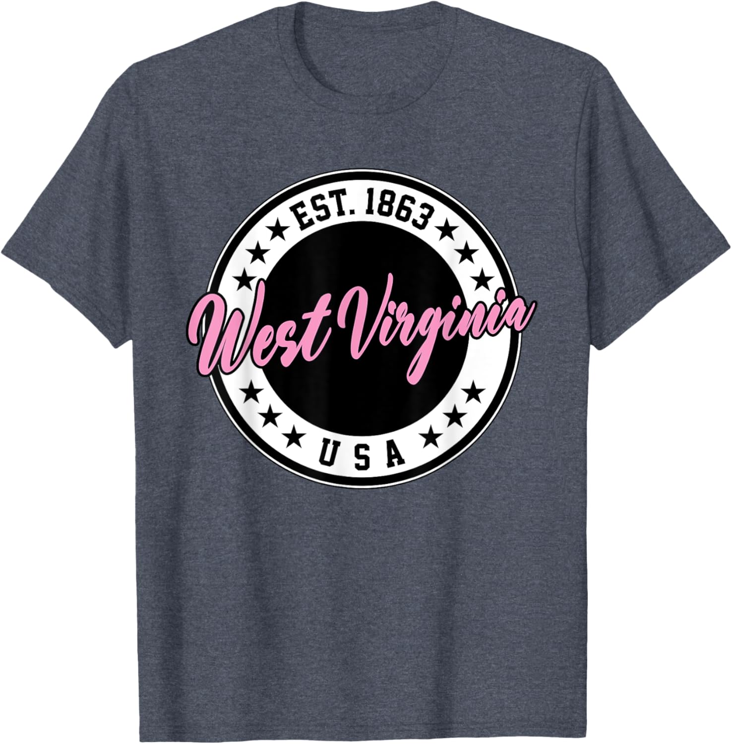 West Virginia Pink Text Script Circle T-Shirt for Women and Men - 2