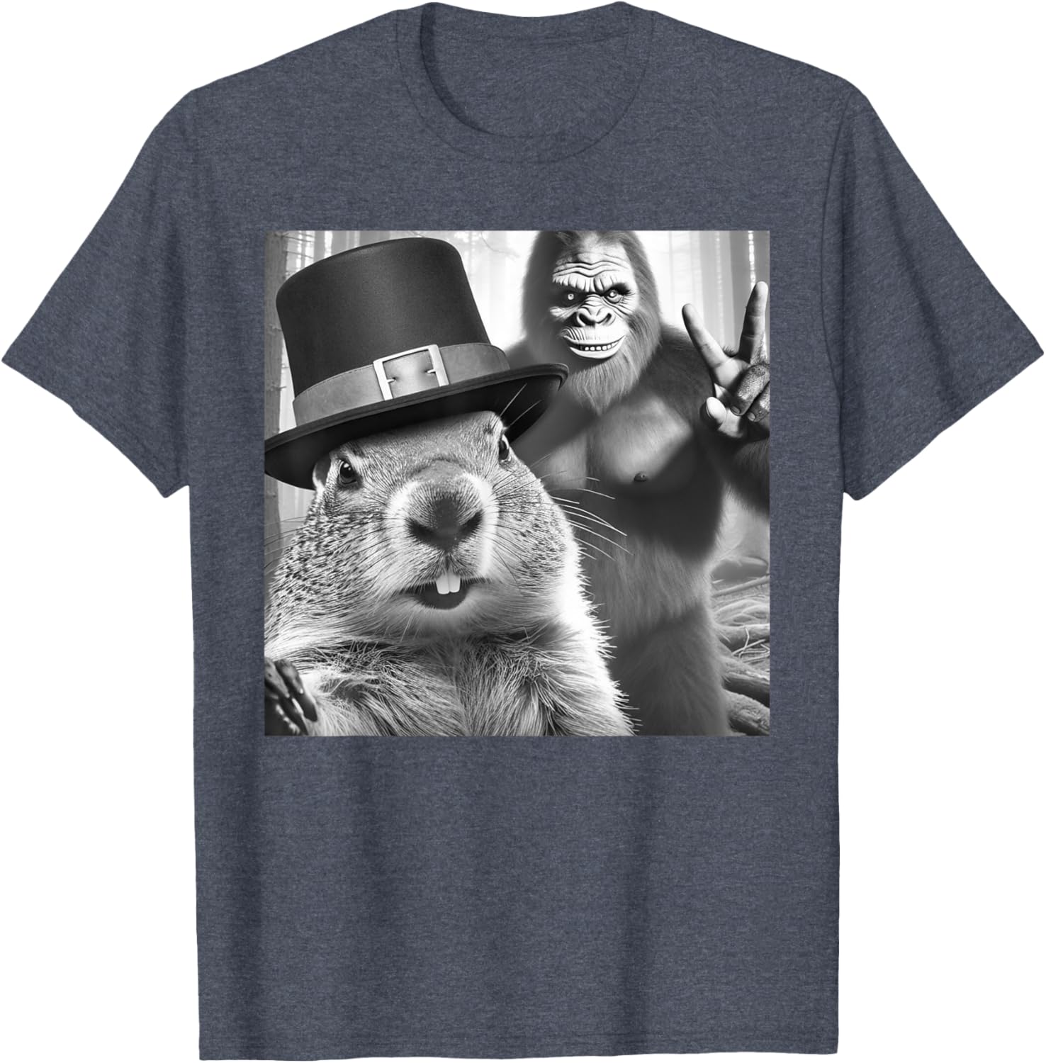 Funny Groundhog Day T-Shirt with Groundhog Taking Selfie with Bigfoot - 3