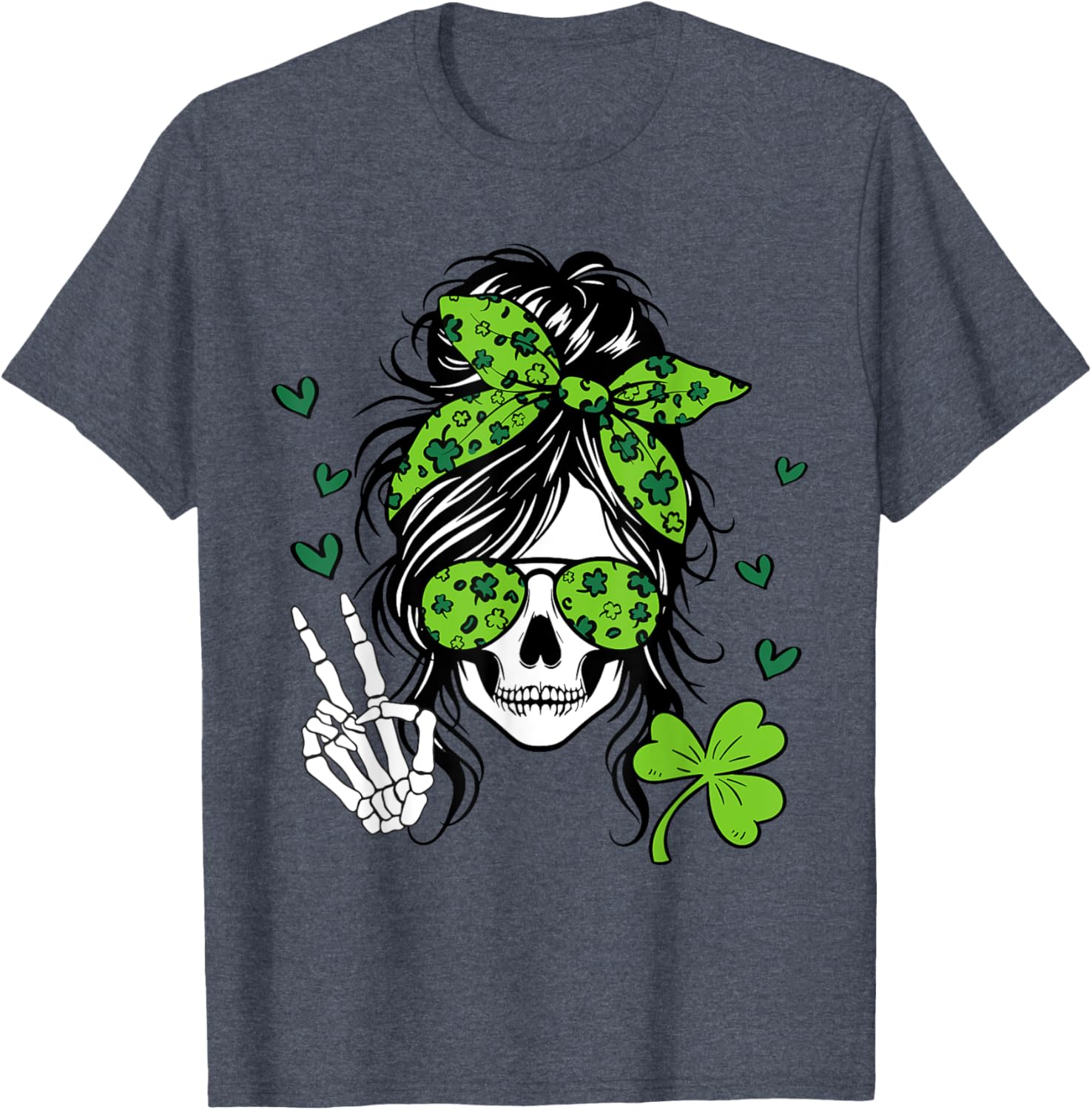 Lucky Irish Skull Girl T-Shirt for St. Patrick's Day with Messy Bun Design - 17