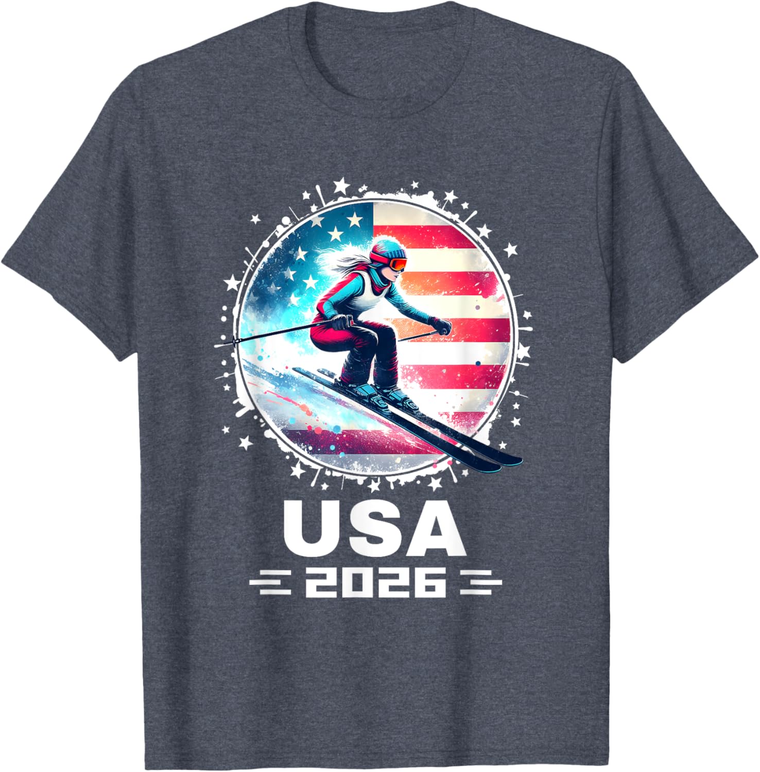 Skier USA Team 2026 Women's American Flag Skiing T-Shirt - 8