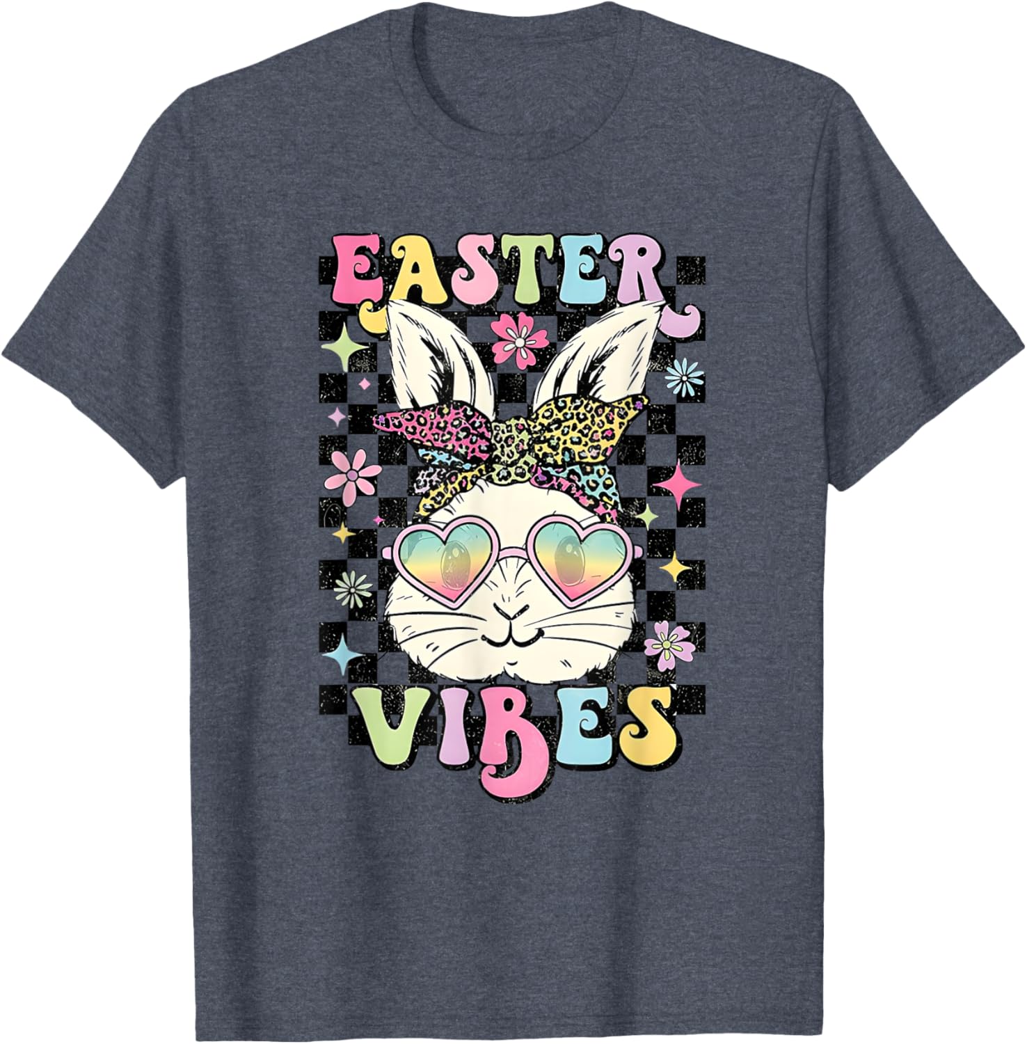 Retro Groovy Easter Vibes Bunny Checkered T-Shirt for Women and Girls - 15