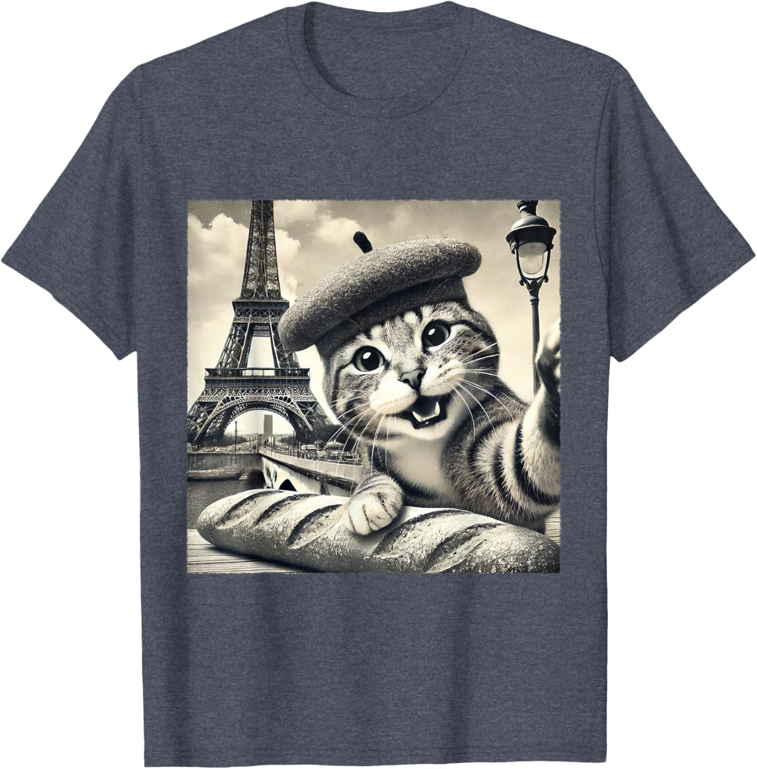 Funny Paris Cat in Beret with Baguette Eiffel Tower T-Shirt for Cat Lovers - 21
