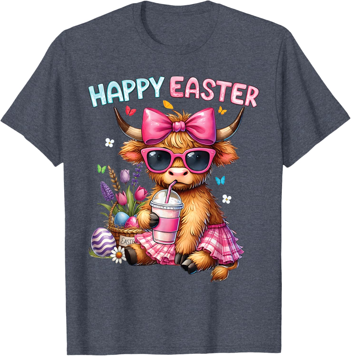 Happy Easter Highland Cow Bunny T-Shirt for Women and Kids - 23