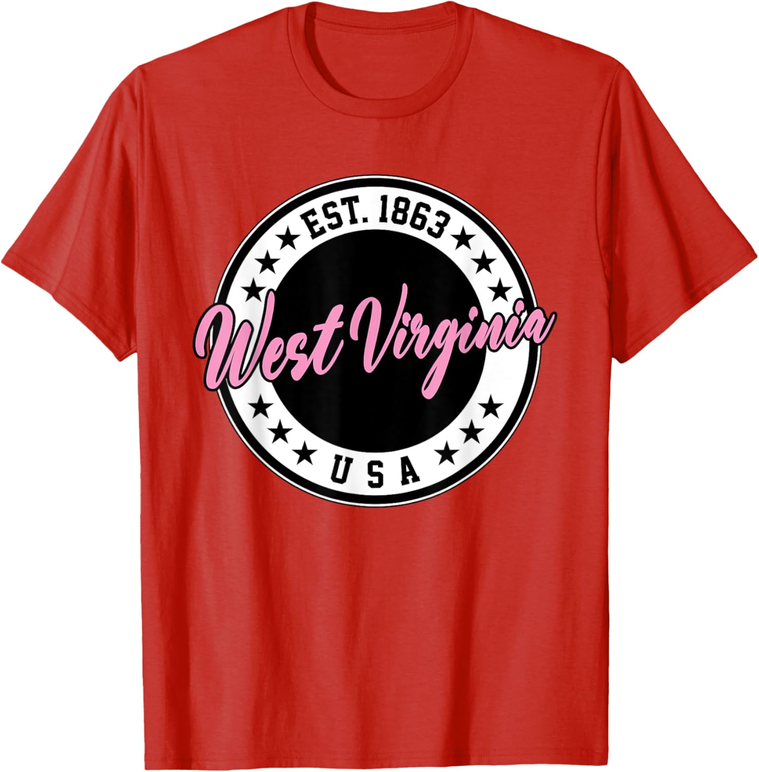 West Virginia Pink Text Script Circle T-Shirt for Women and Men - 8