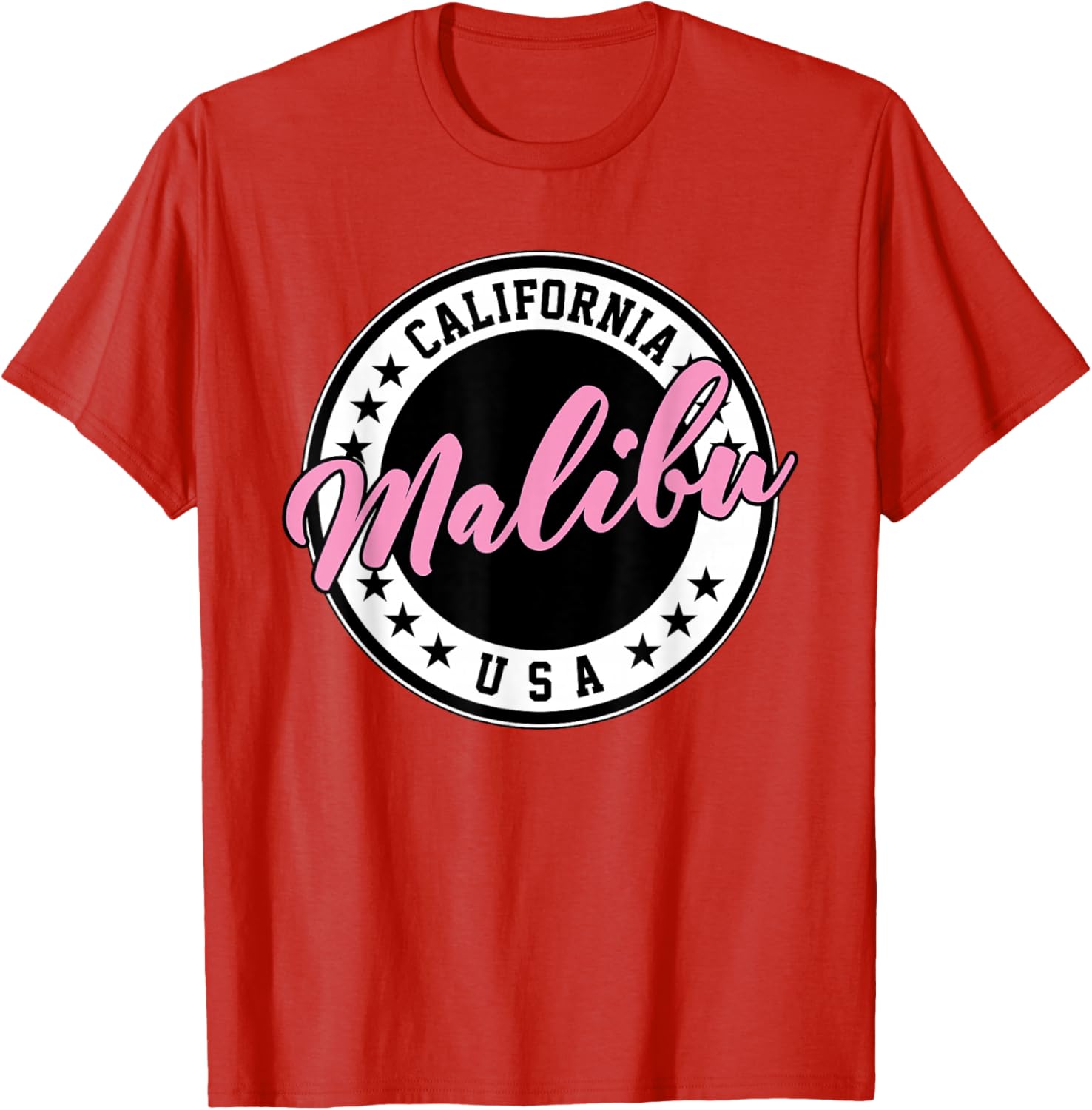 Malibu California Pink Script Circle T-Shirt for Trendy Summer Style - 12