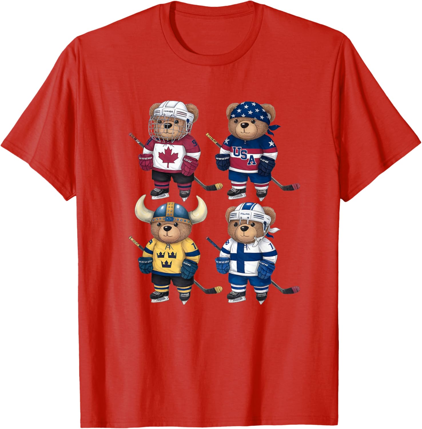 Four Nations Battle Teddy Bear Hockey Player T-Shirt for Fans - 3