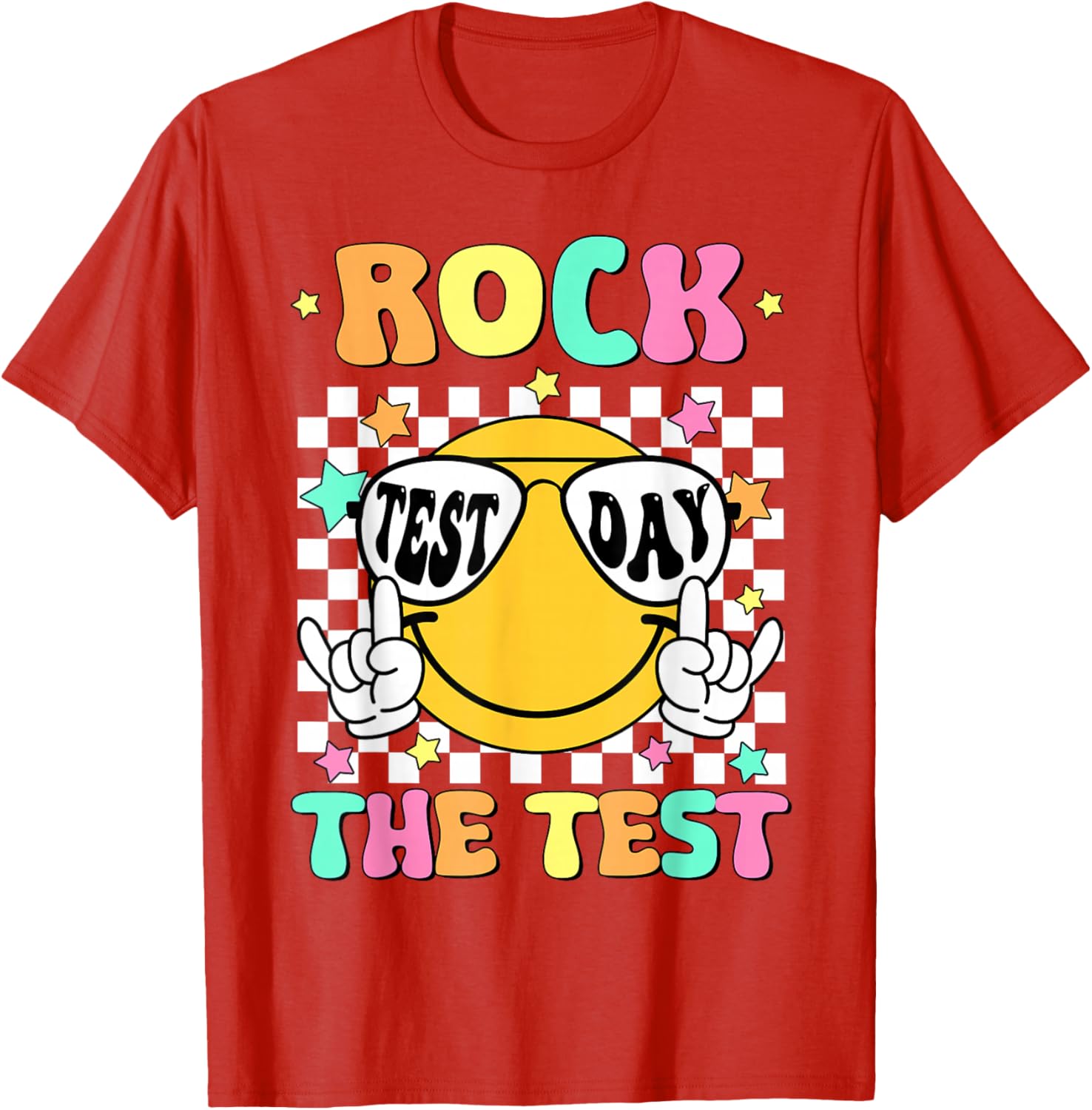 Rock the Test Teacher T-Shirt with Smile Face for Test Day Fun - 25