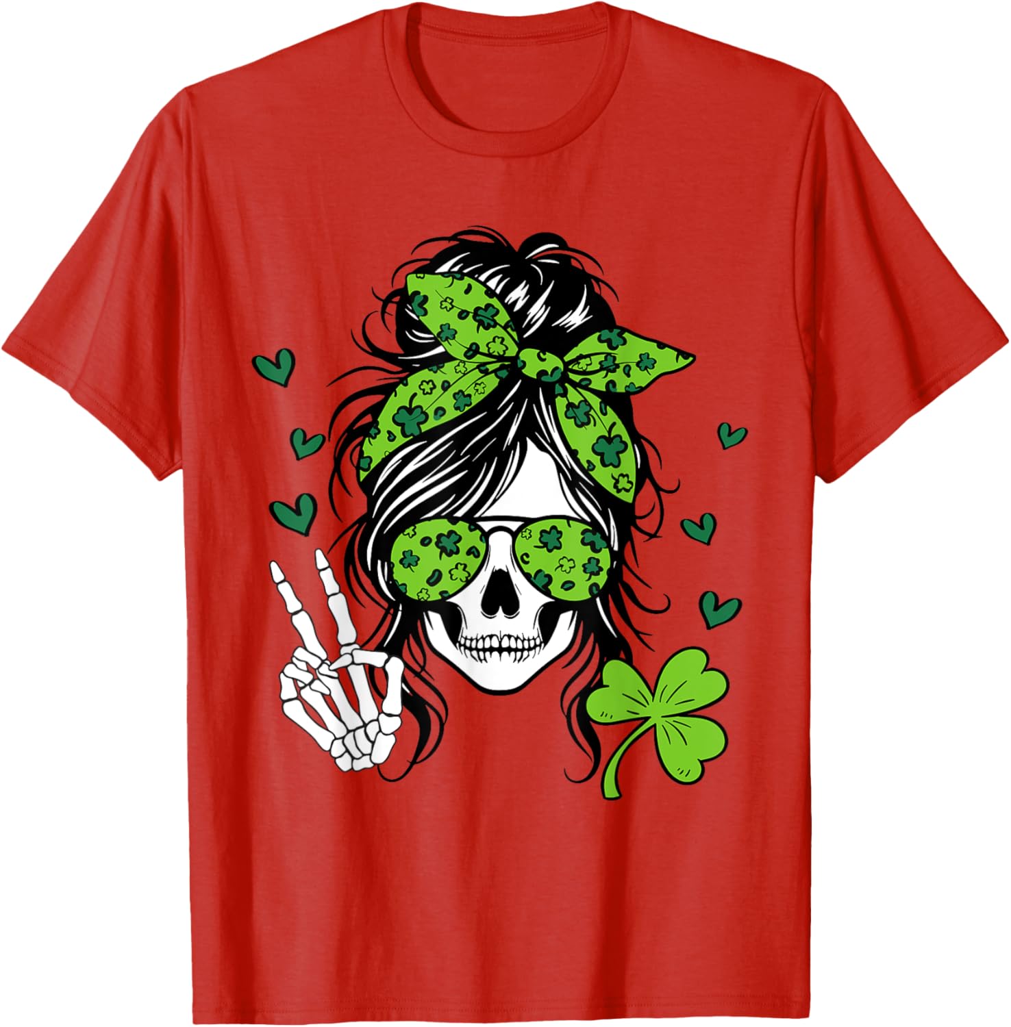 Lucky Irish Skull Girl T-Shirt for St. Patrick's Day with Messy Bun Design - 11