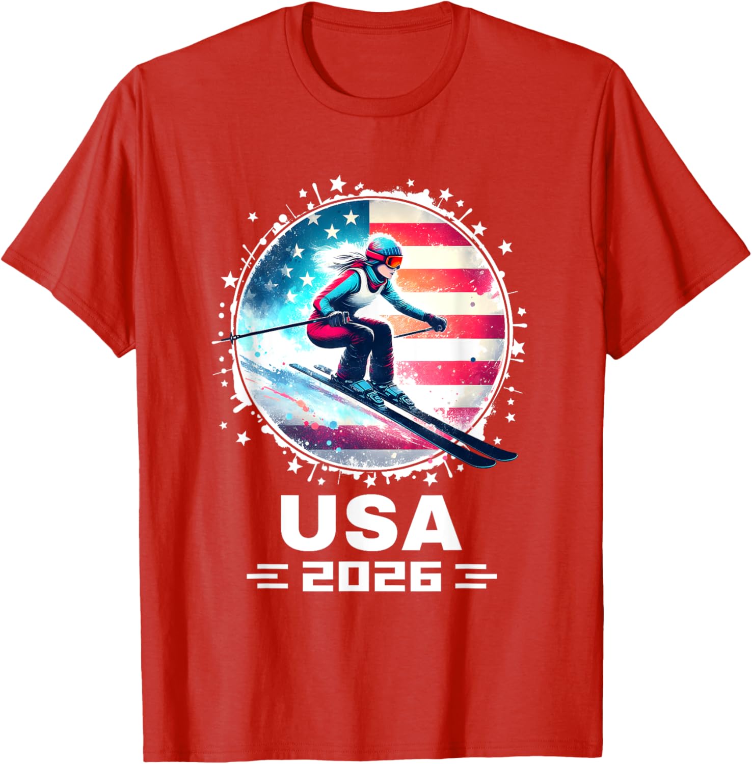 Skier USA Team 2026 Women's American Flag Skiing T-Shirt - 16