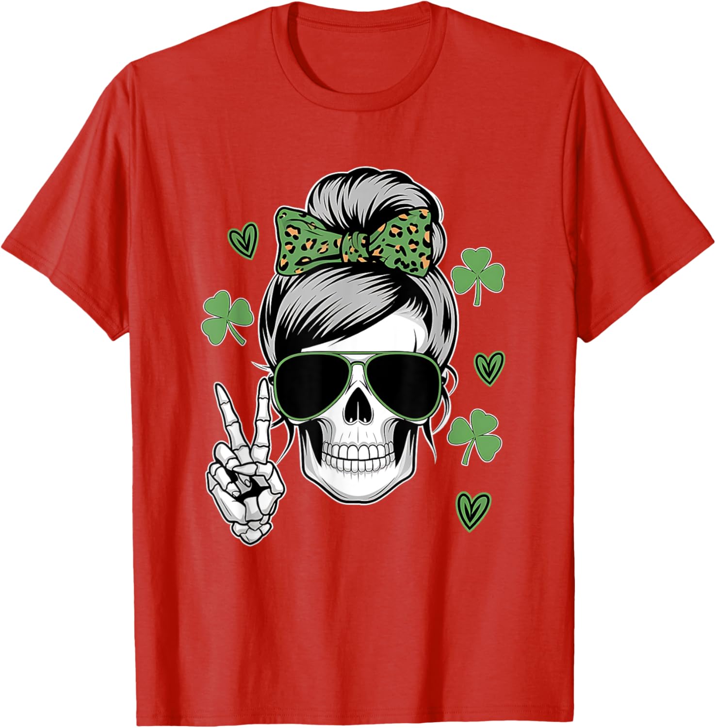 St Patricks Day Skull Messy Bun T-Shirt for Women - Fun and Stylish Wear - 17