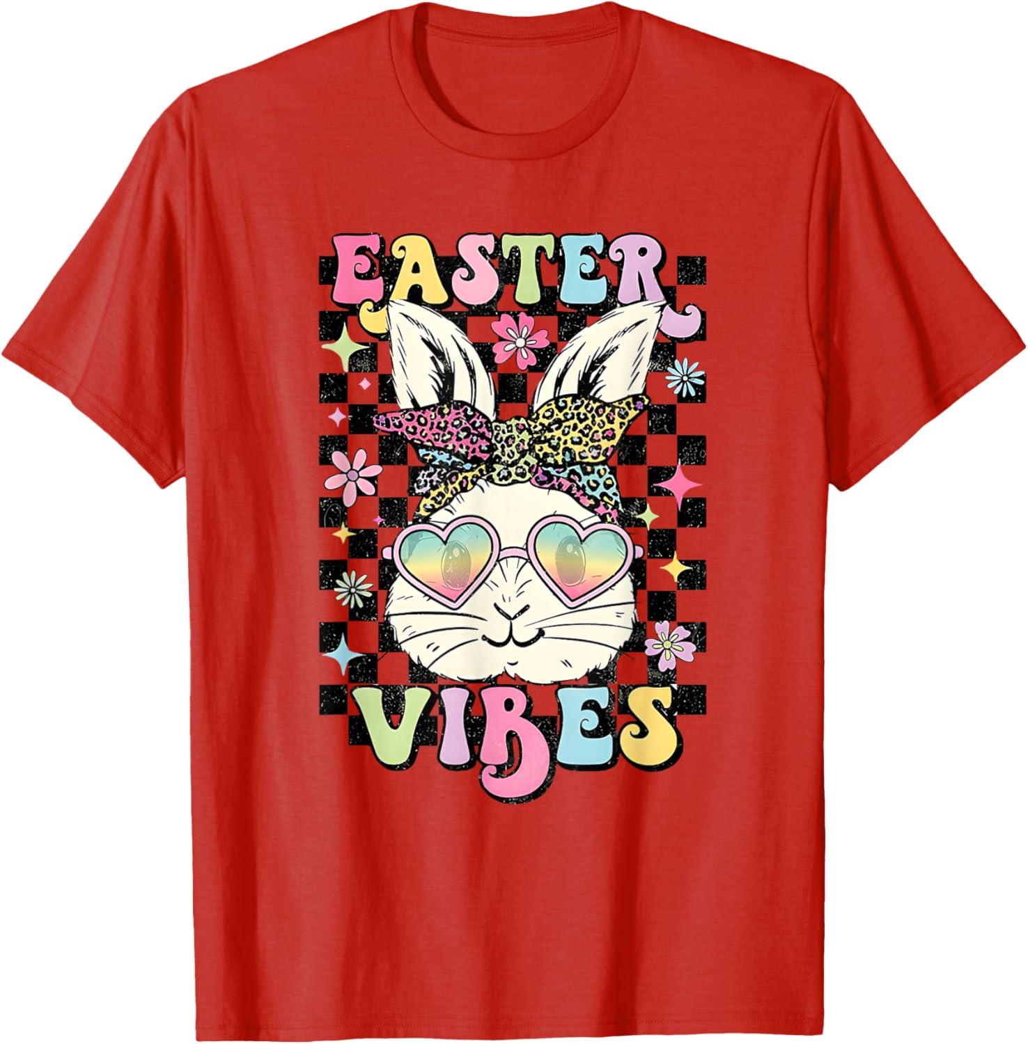 Retro Groovy Easter Vibes Bunny Checkered T-Shirt for Women and Girls - 21