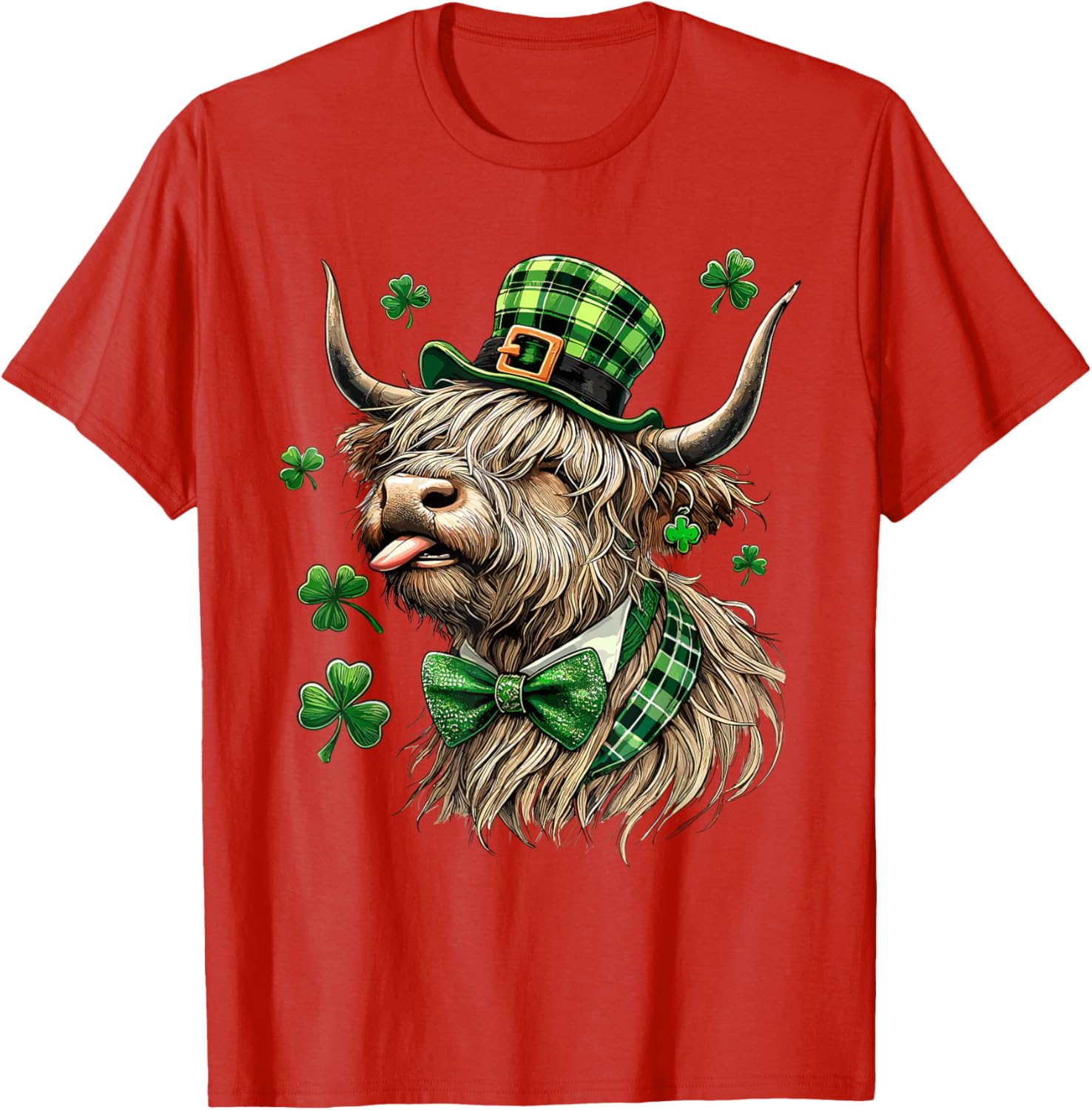 St. Patrick's Day Highland Cow T-Shirt with Lucky Shamrock Design - 18
