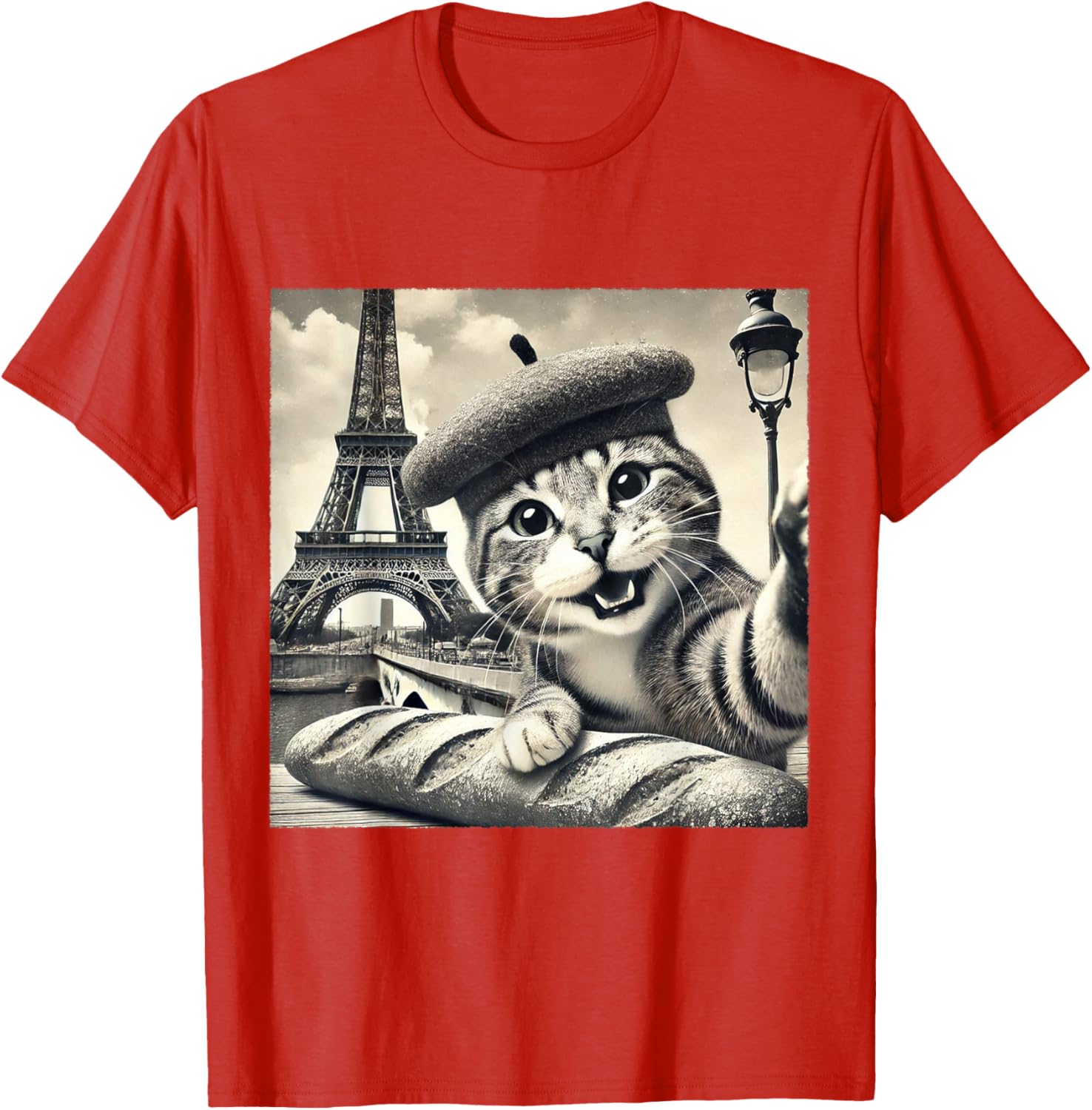 Funny Paris Cat in Beret with Baguette Eiffel Tower T-Shirt for Cat Lovers - 4