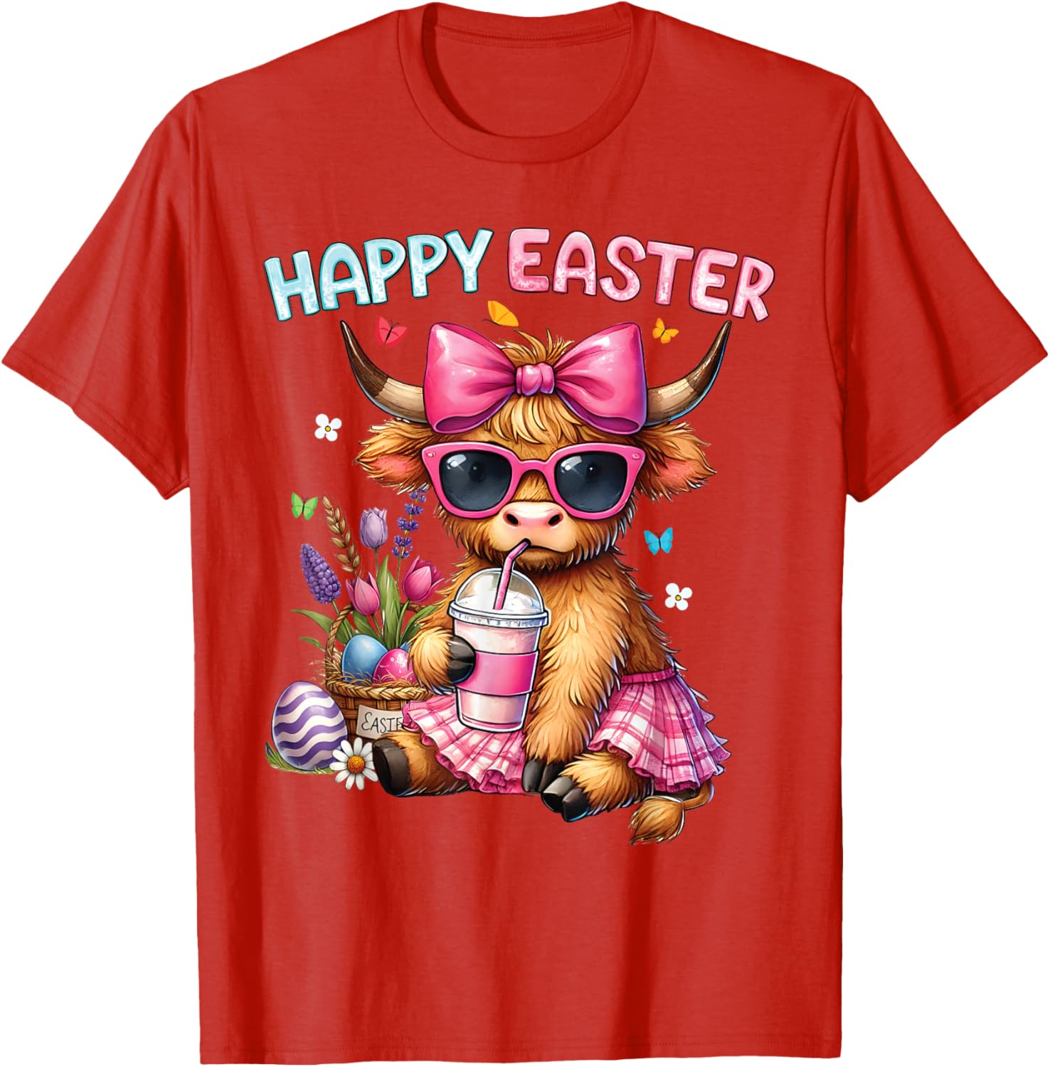 Happy Easter Highland Cow Bunny T-Shirt for Women and Kids - 8