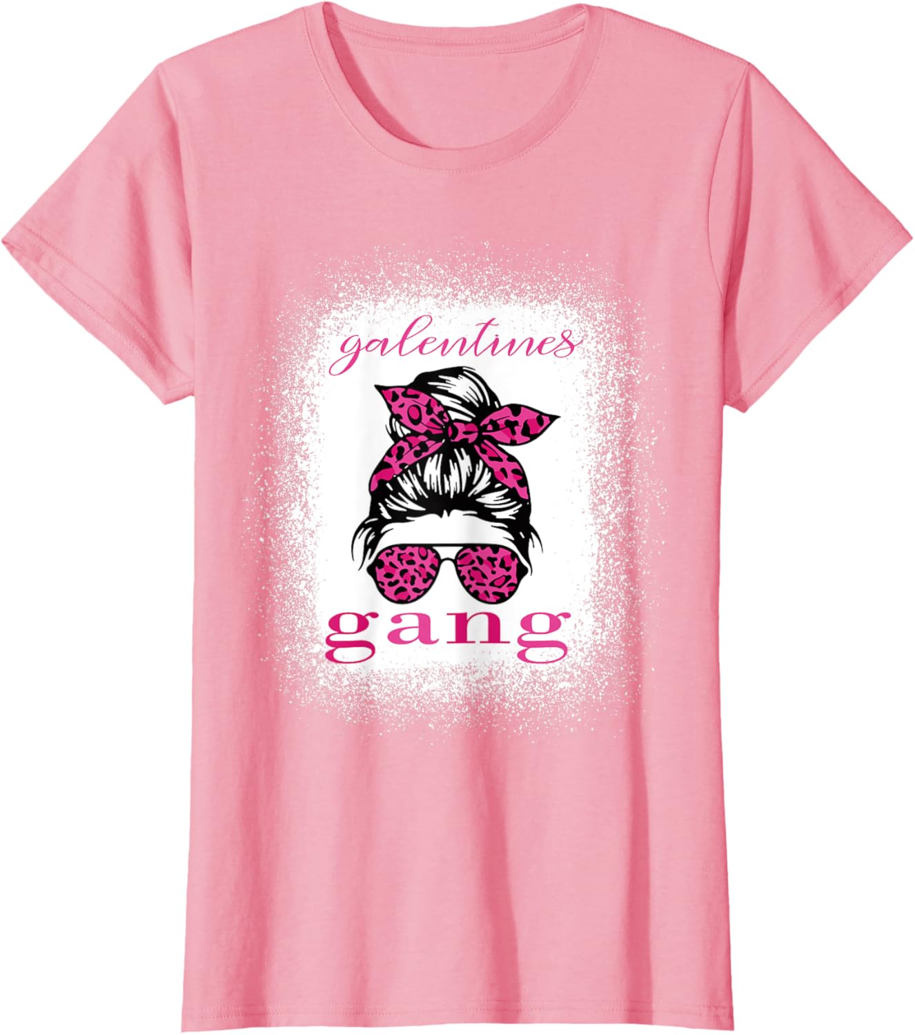 Galentine Gang Matching T-Shirt with Messy Bun Leopard Bleached Design - 5
