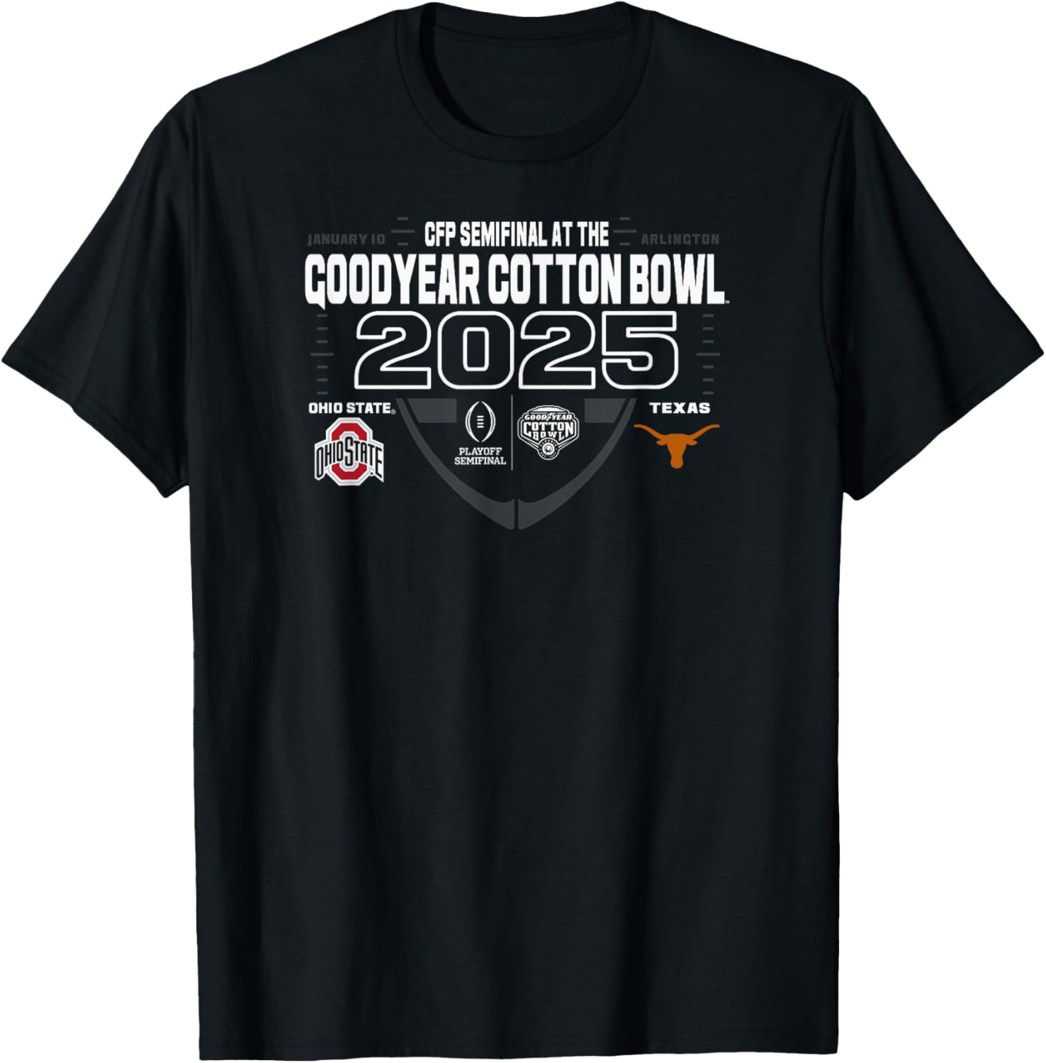 Ohio State vs Texas Cotton Bowl 2024-25 Black T-Shirt for Fans - 1