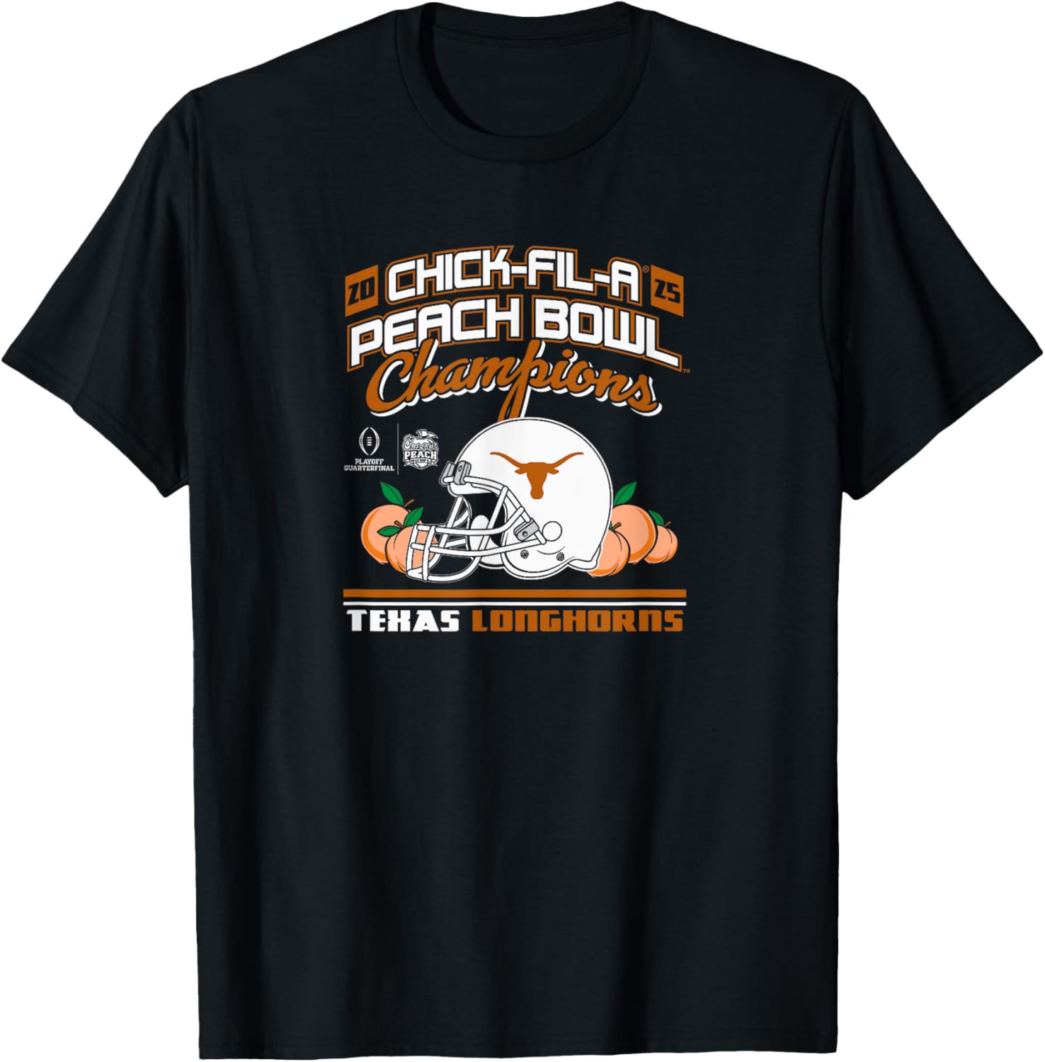 Texas Longhorns Peach Bowl Champs 2025 Black Helmet T-Shirt for Fans - 1
