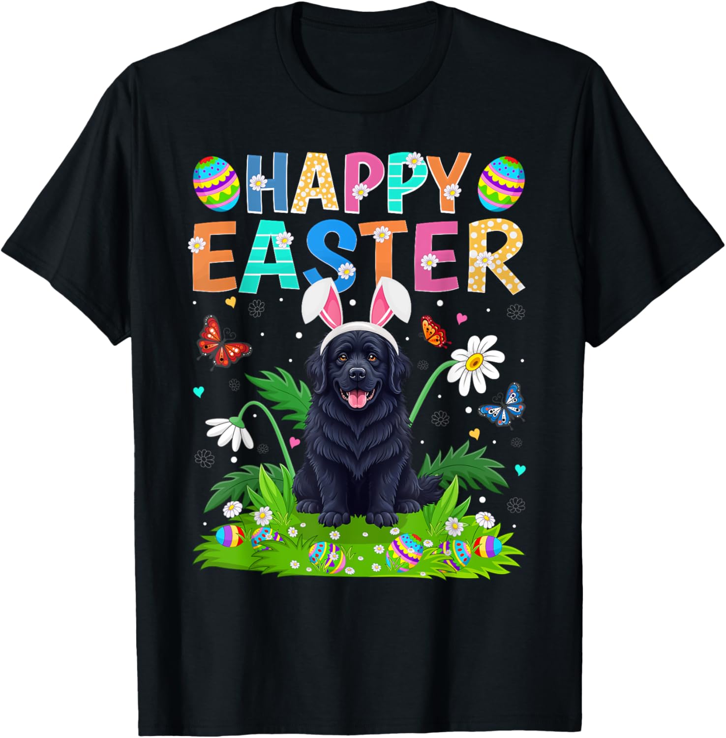 Newfoundland Dog Easter Egg Hunt T-Shirt with Bunny Ears Design - 15