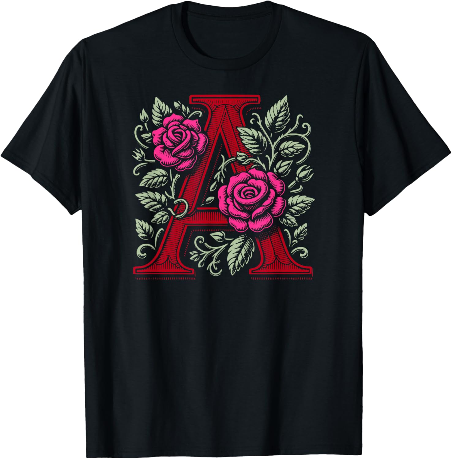 Scarlet Letter A with Roses T-Shirt Inspired by Nathaniel Hawthorne - 1