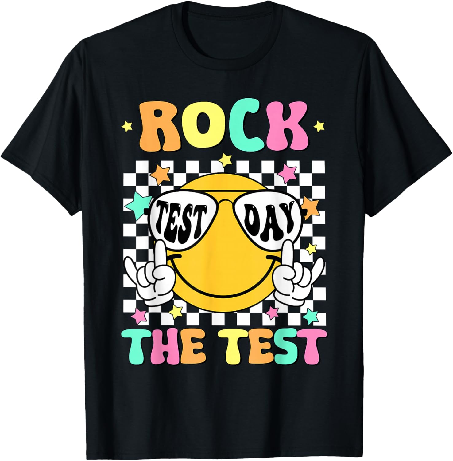 Rock the Test Teacher T-Shirt with Smile Face for Test Day Fun - 13