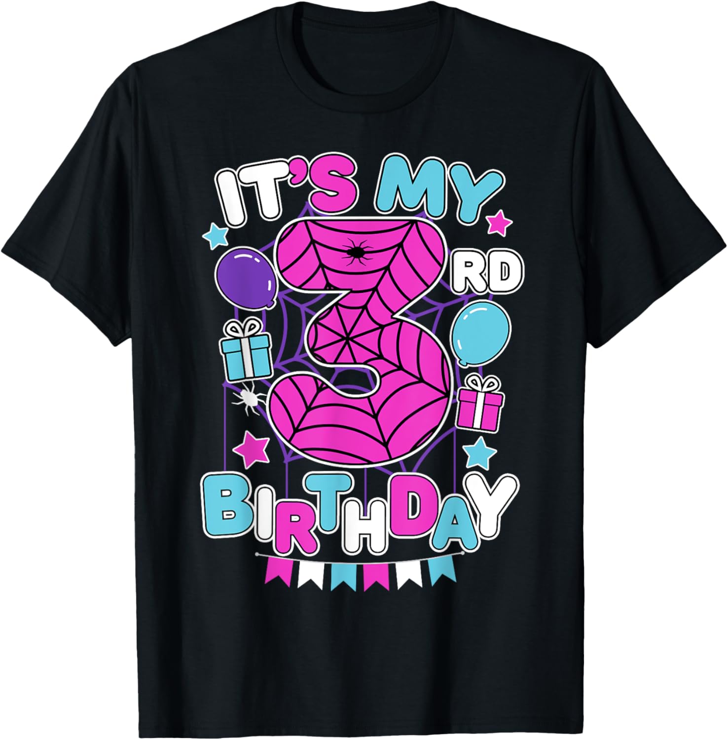Cute 3rd Birthday Spider Web Theme T-Shirt for Girls Age Three - 22