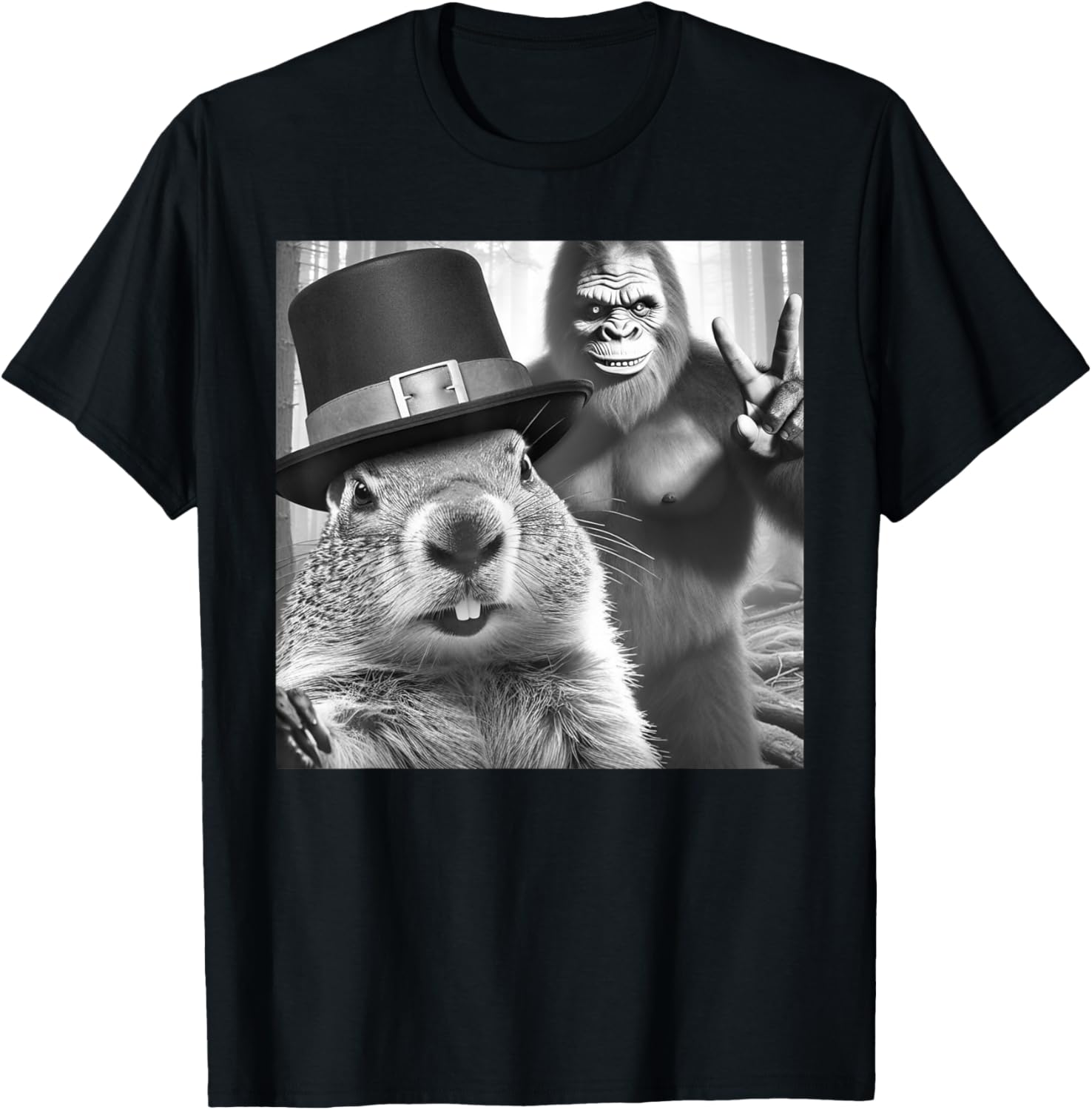Funny Groundhog Day T-Shirt with Groundhog Taking Selfie with Bigfoot - 11