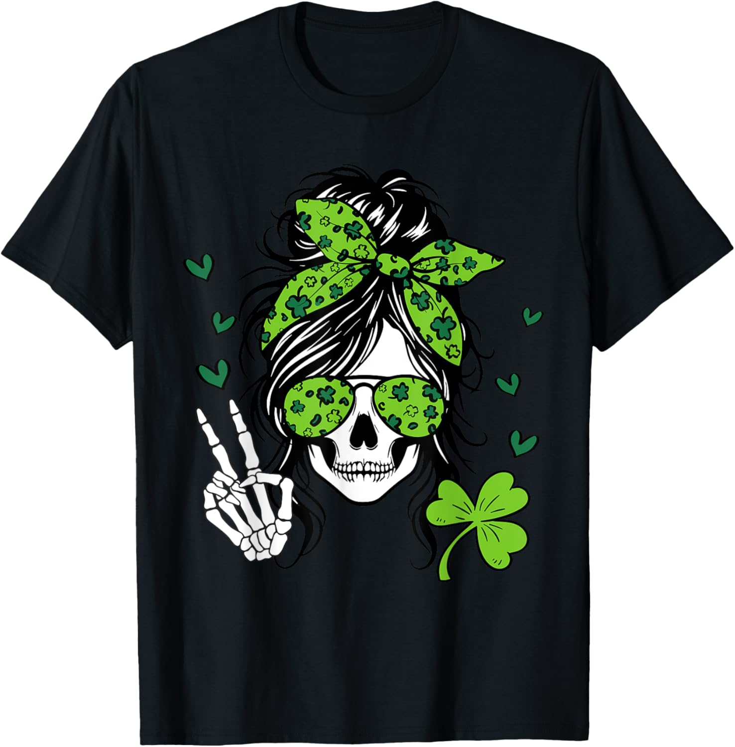 Lucky Irish Skull Girl T-Shirt for St. Patrick's Day with Messy Bun Design - 22