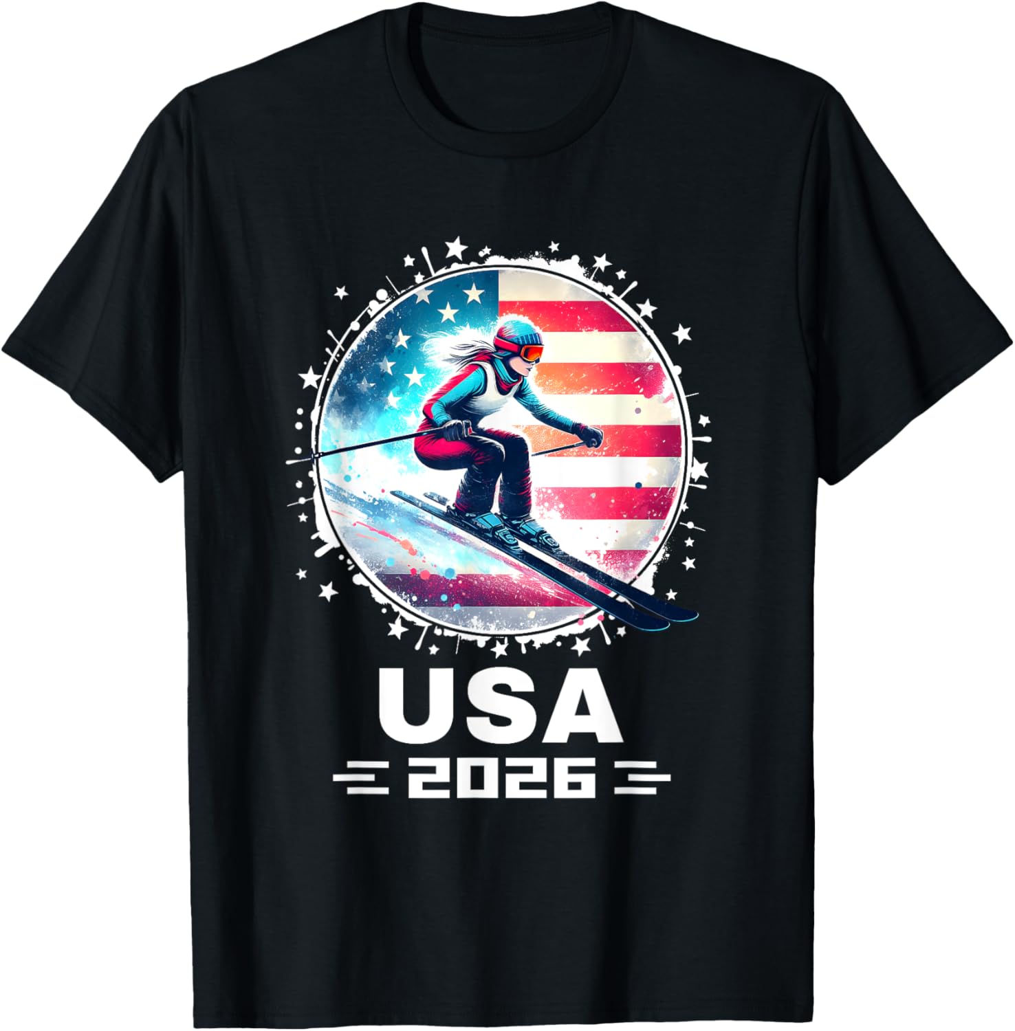 Skier USA Team 2026 Women's American Flag Skiing T-Shirt - 9
