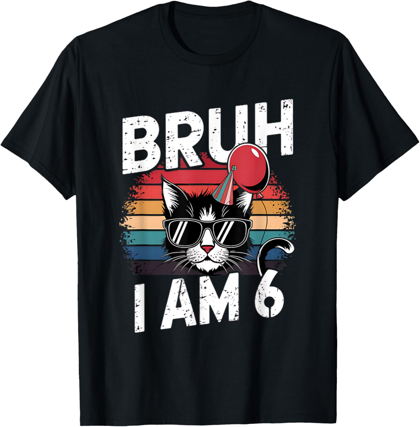 Retro Sunset Cat T-Shirt for Kids 6th Birthday Party Celebration - 9