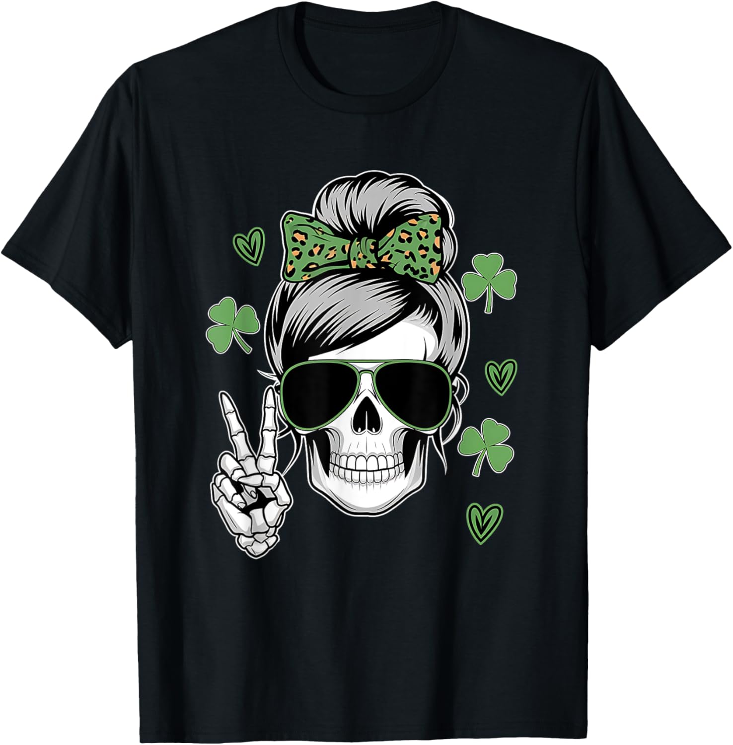 St Patricks Day Skull Messy Bun T-Shirt for Women - Fun and Stylish Wear - 21