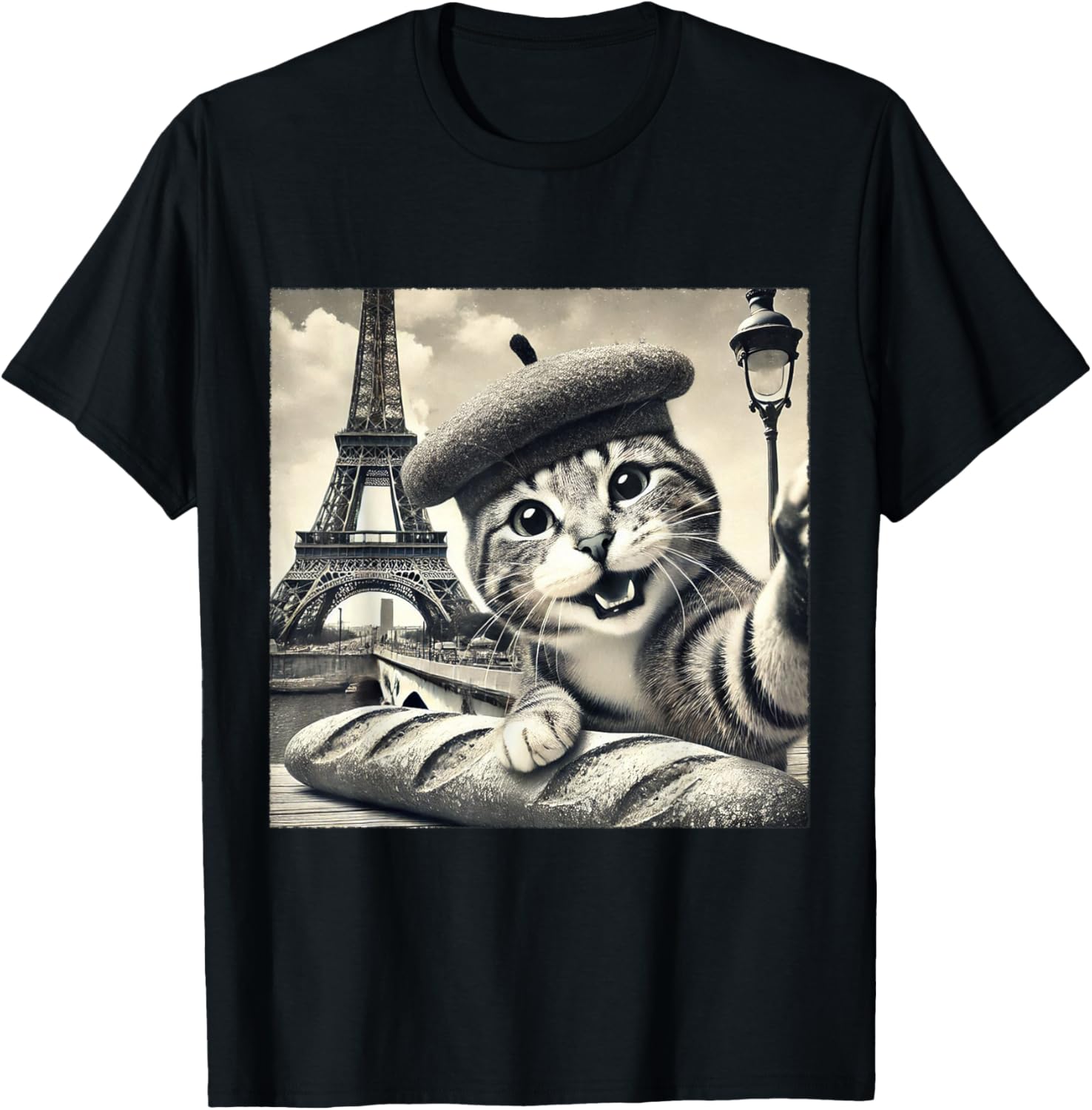 Funny Paris Cat in Beret with Baguette Eiffel Tower T-Shirt for Cat Lovers - 11