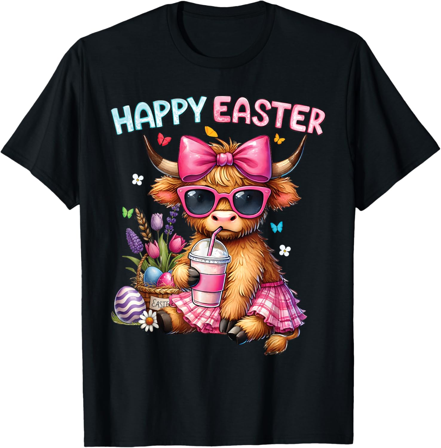 Happy Easter Highland Cow Bunny T-Shirt for Women and Kids - 17