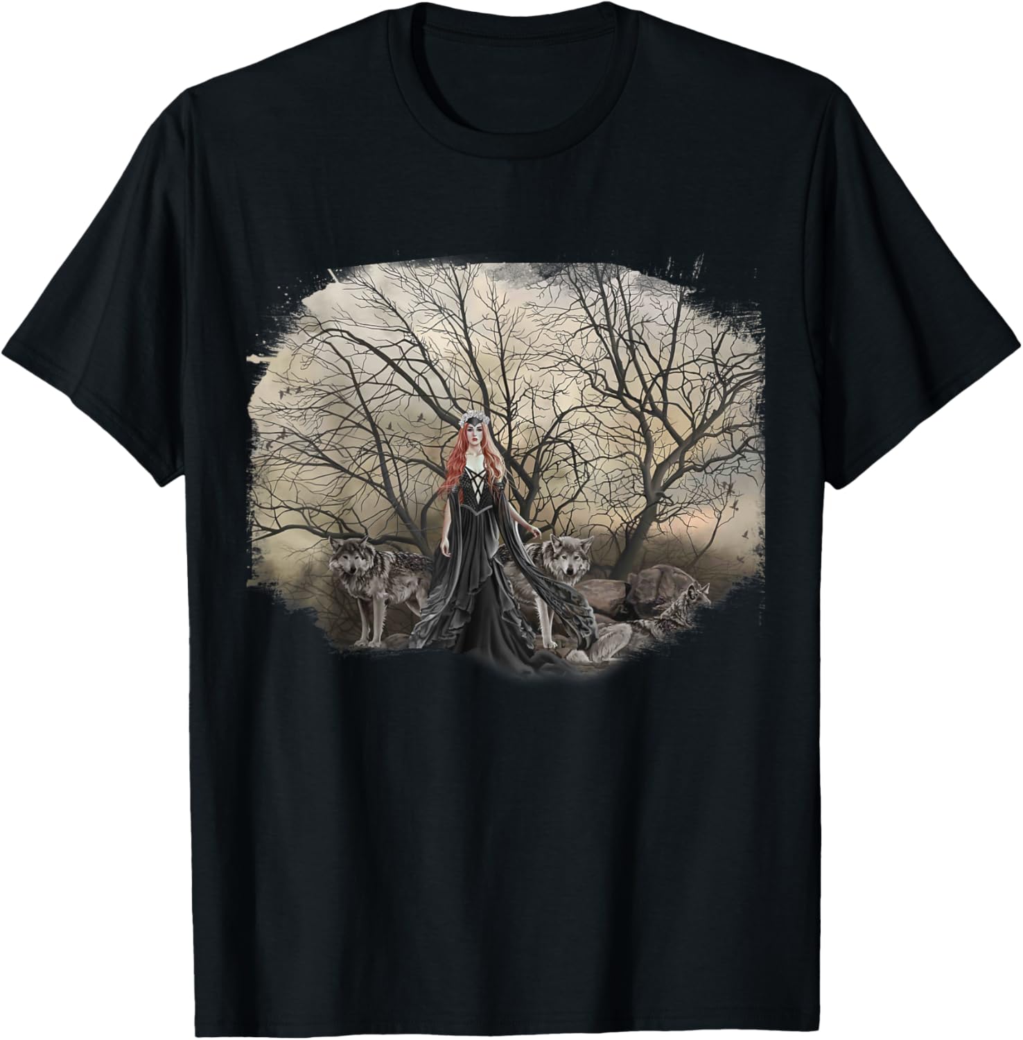 Wolf and Red-Haired Witch Art T-Shirt by Nene Thomas – Unique Style! - 1