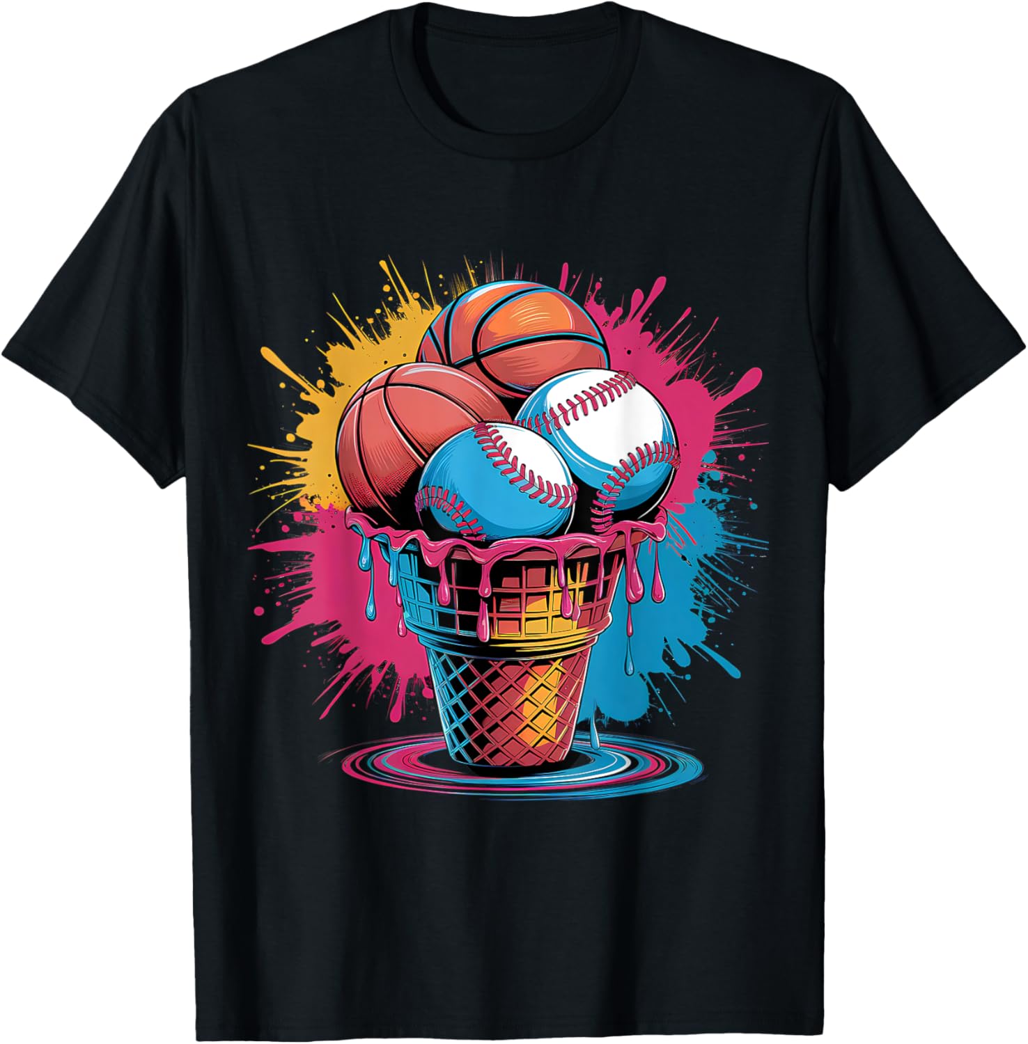 Watercolor Sports Art T-Shirt Featuring Baseball, Basketball, and Ice Cream - 1