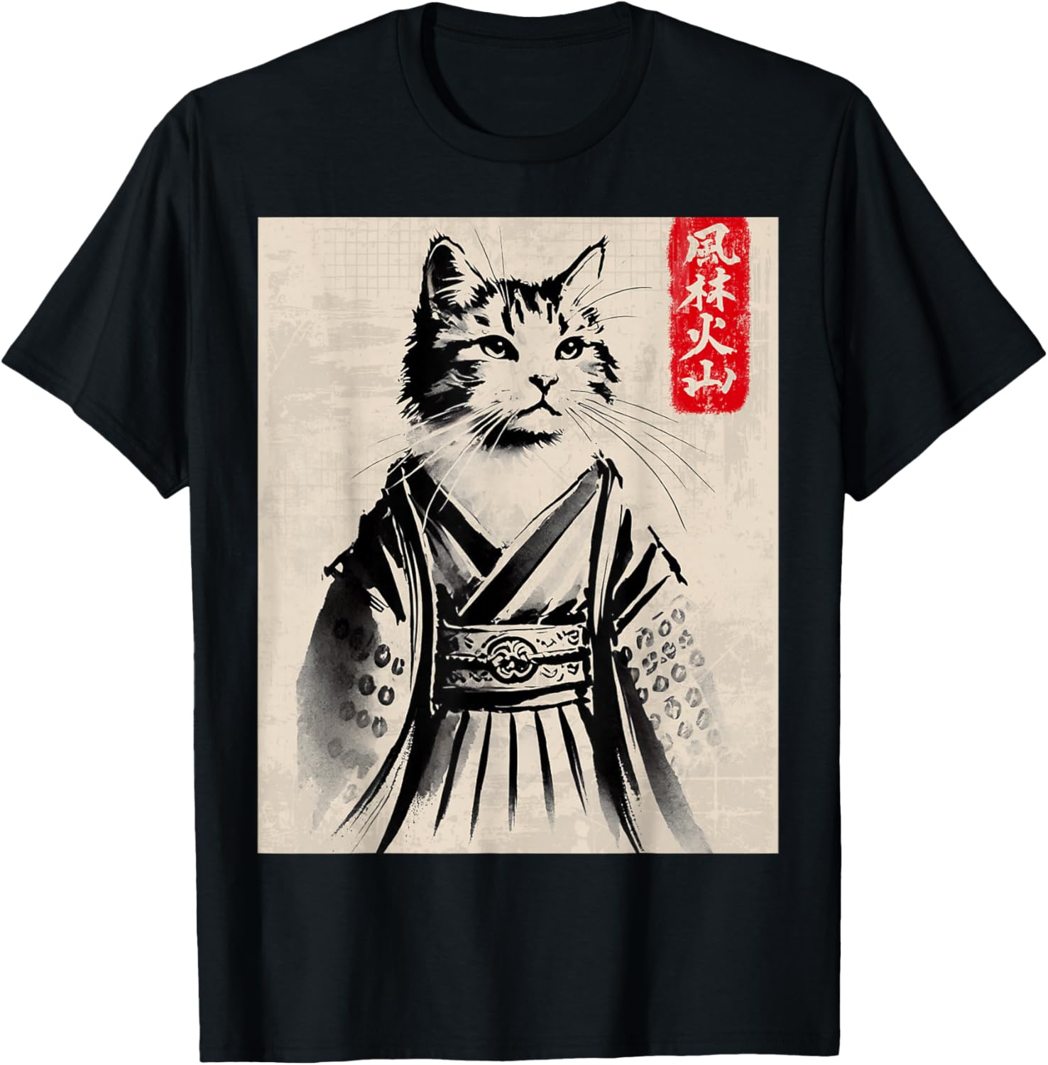 Samurai Cat Ukiyo-e Warrior Art T-Shirt for Cat Lovers and Art Fans - 1