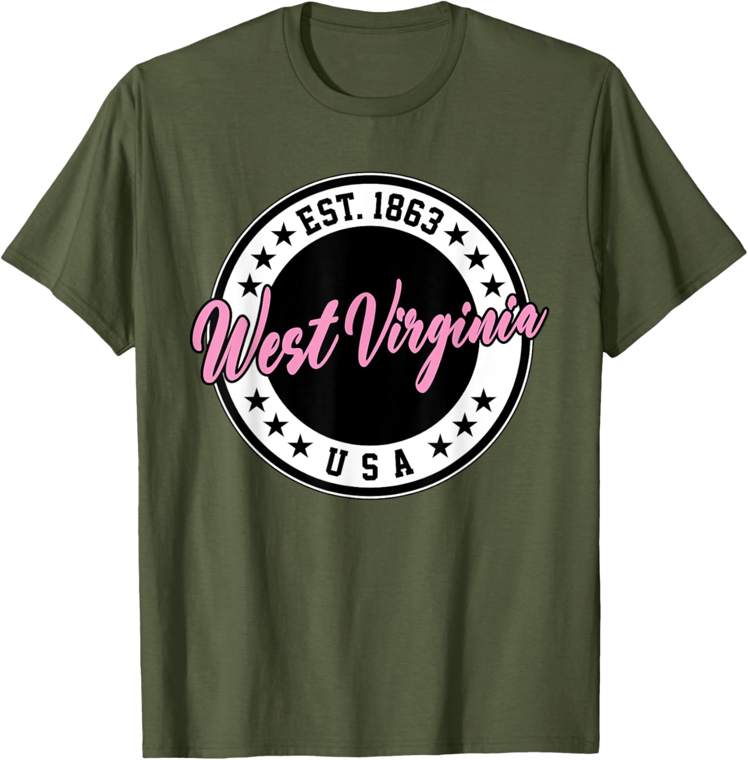 West Virginia Pink Text Script Circle T-Shirt for Women and Men - 10