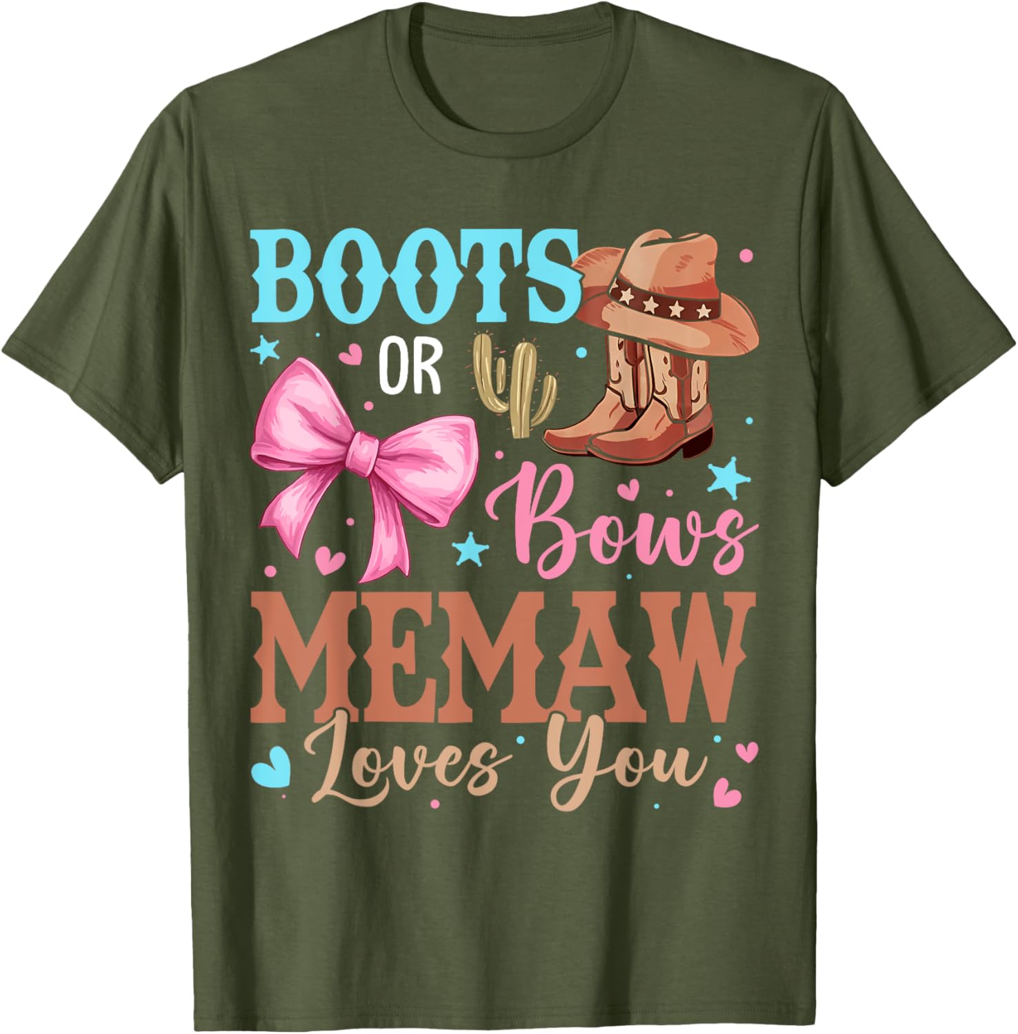 Memaw Loves You Gender Reveal T-Shirt with Boots or Bows Design - 8