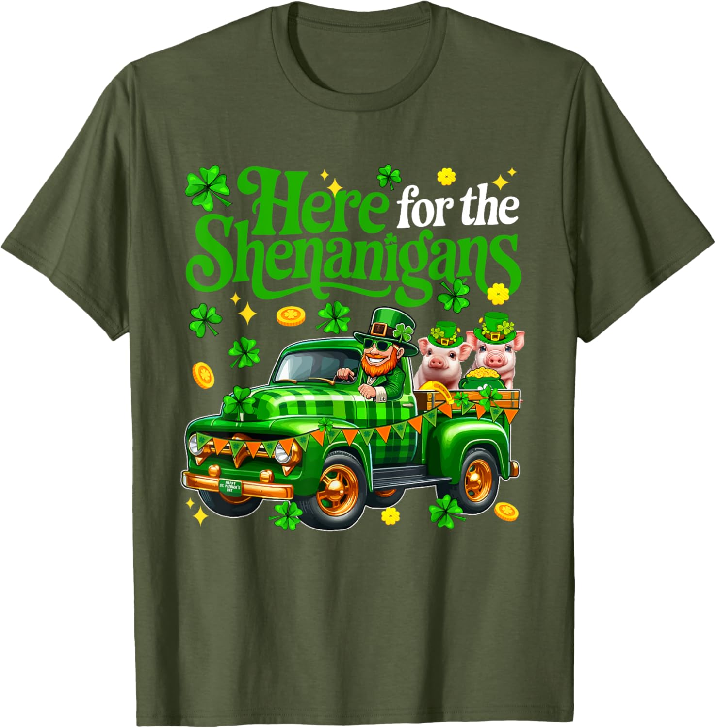 Here For The Shenanigans St Patrick's Day Pig Truck T-Shirt for Fun Lovers - 16