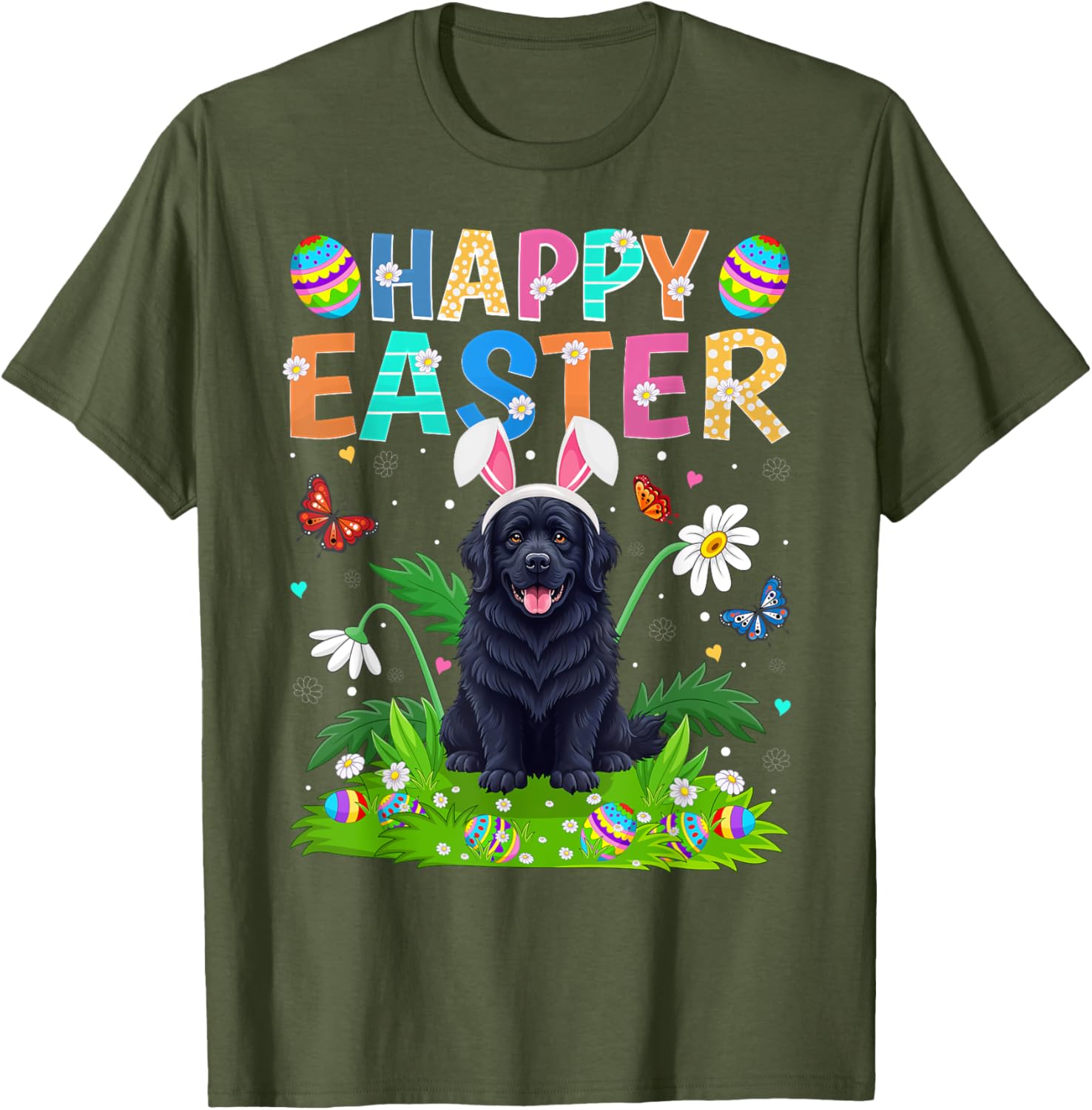 Newfoundland Dog Easter Egg Hunt T-Shirt with Bunny Ears Design - 5