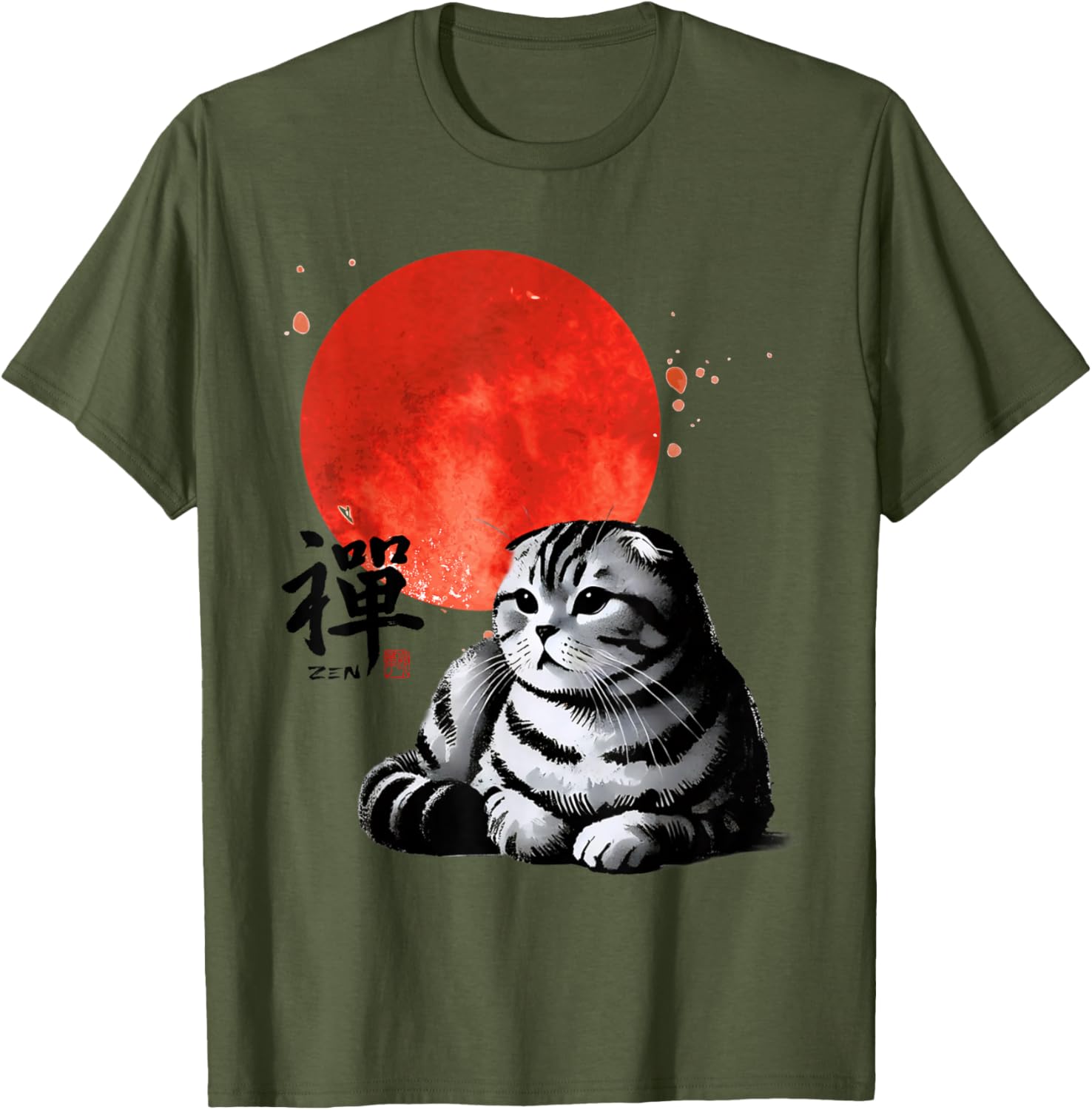 Scottish Fold Cat Sumi-e Art T-Shirt with Japanese Red Sun Design - 9