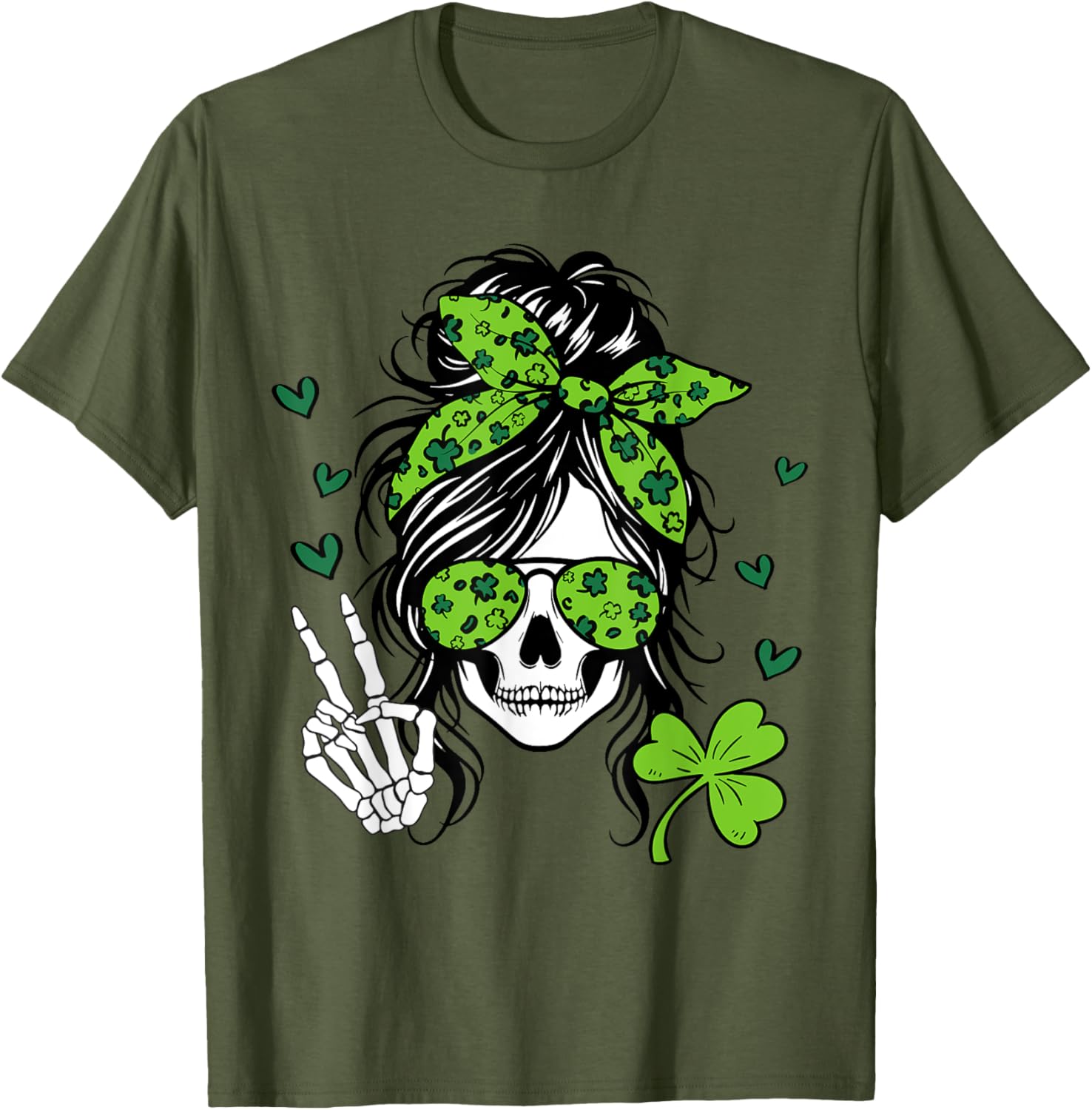 Lucky Irish Skull Girl T-Shirt for St. Patrick's Day with Messy Bun Design - 18